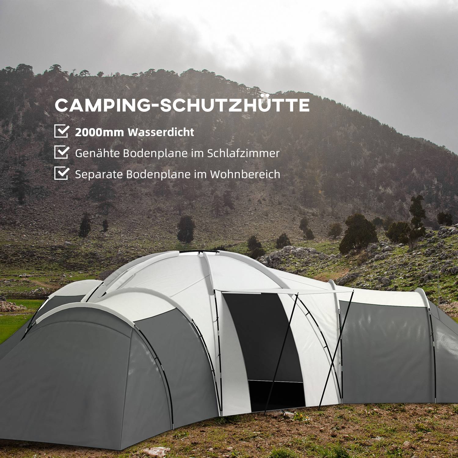 6-9-persoons tunneltent, 3 slaapkamers, grijs