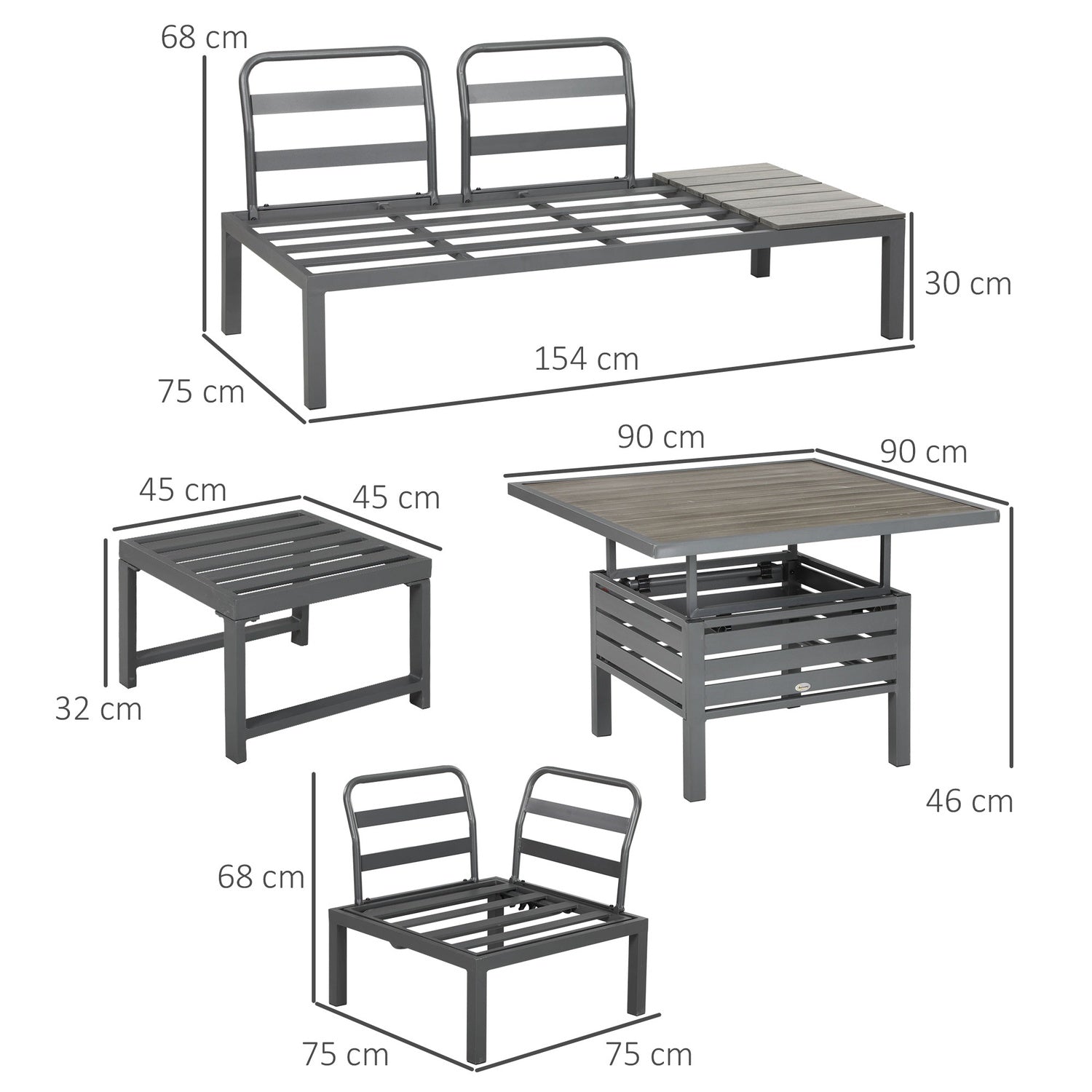 6-delige terrasset, verstelbare tafel, aluminium frame