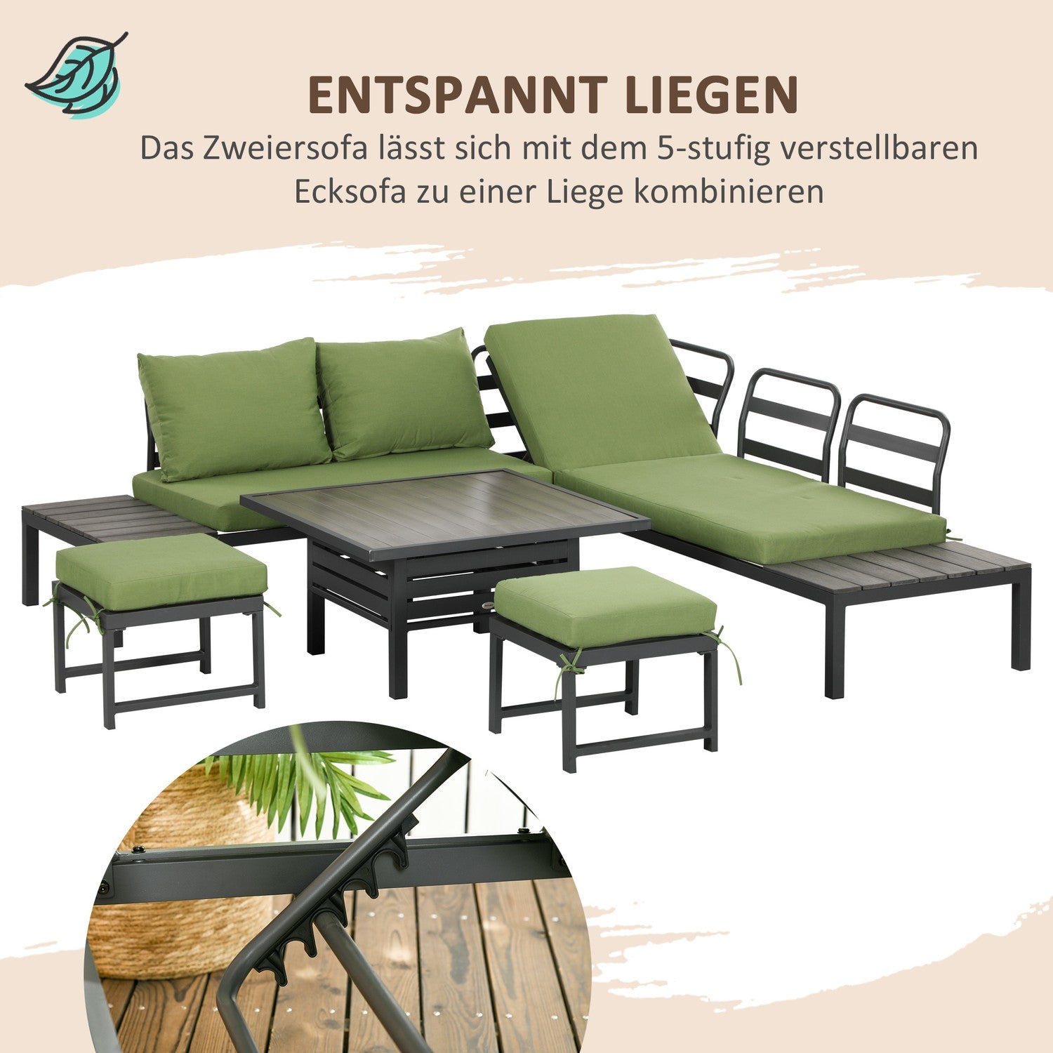 6-delige terrasset, verstelbare tafel, aluminium frame