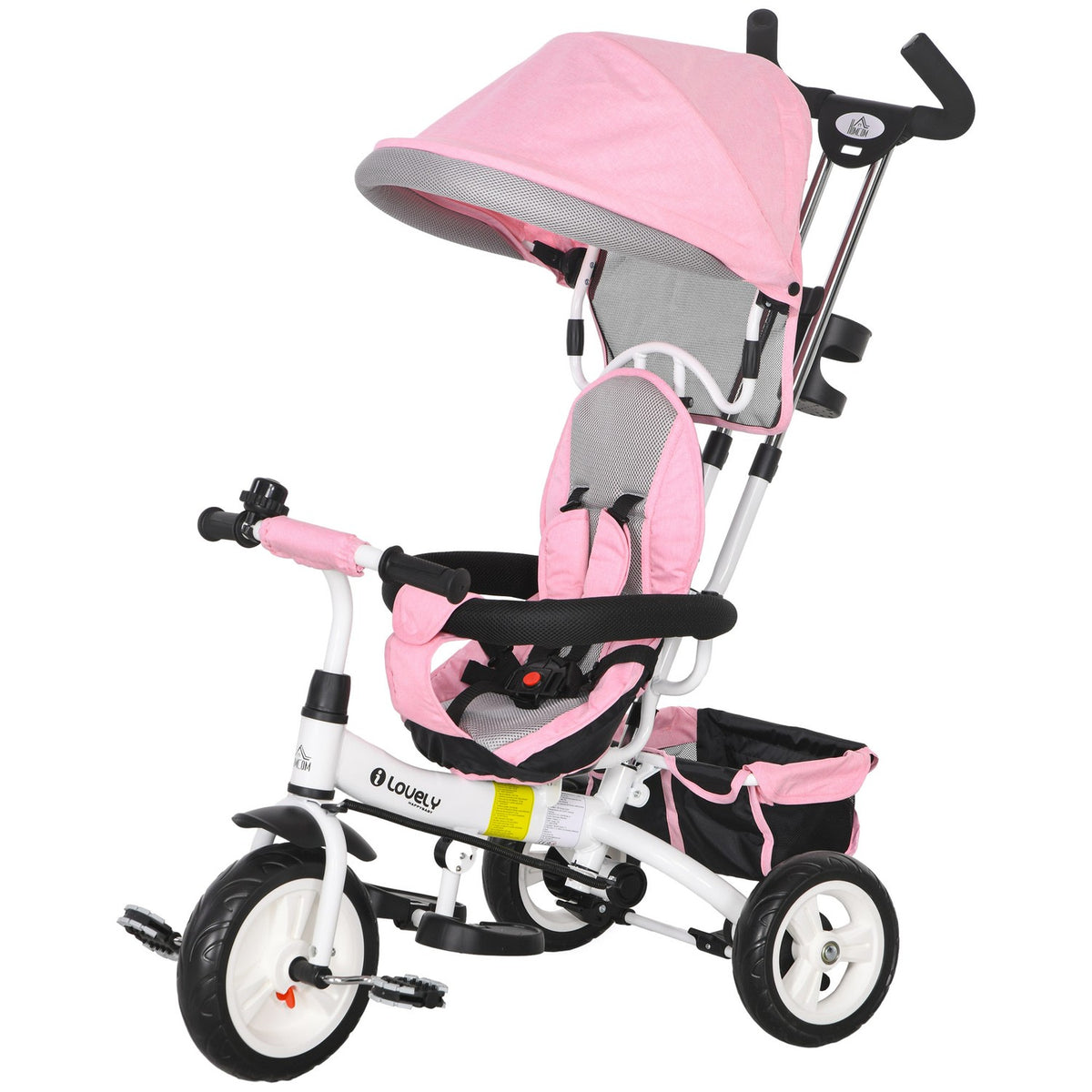 6-in-1 kinderdriewieler met duwstang, dak, veiligheidsgordel, opbergmand, voor 1-5 jaar, roze