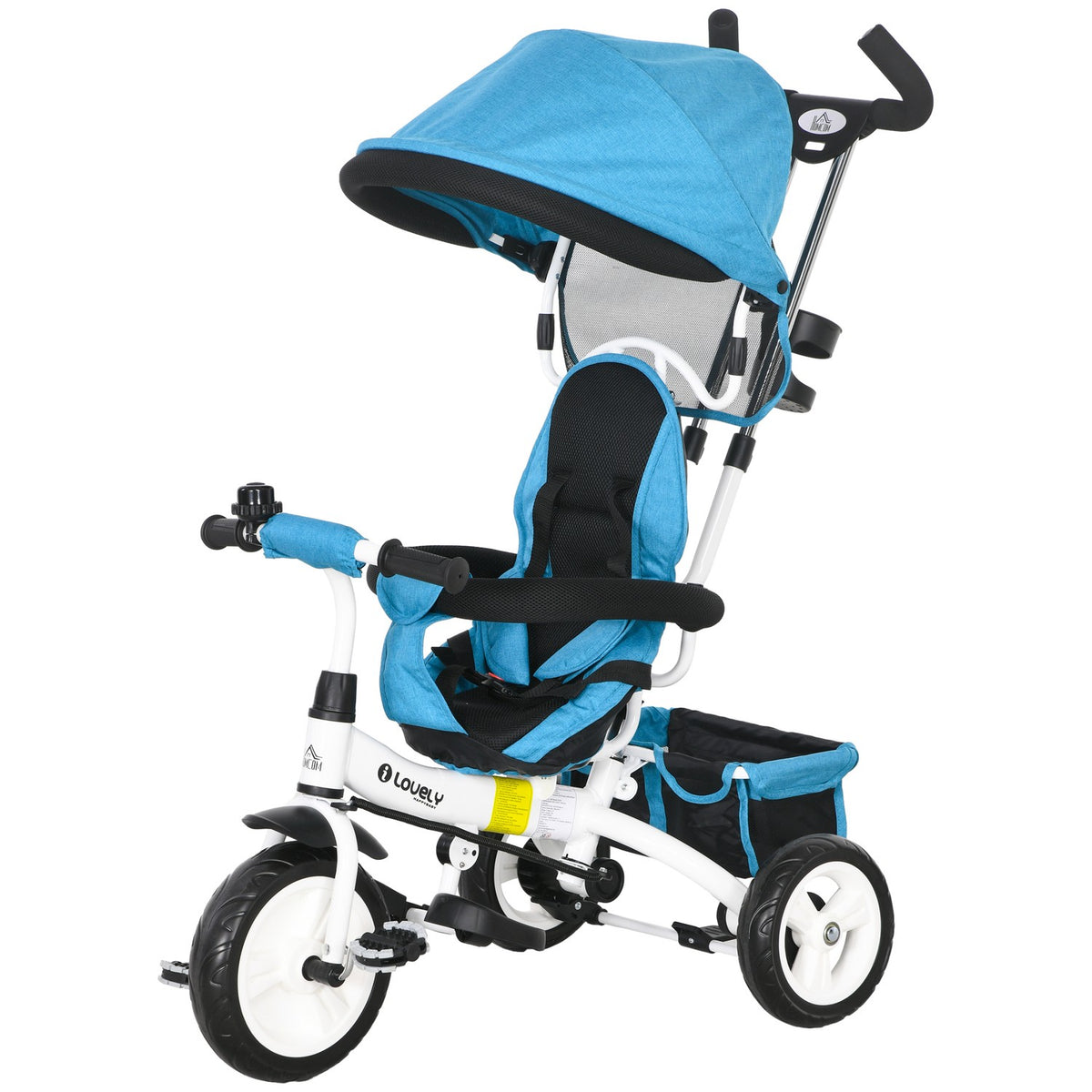 6-in-1 driewieler voor kinderen met duwstang, luifel, riem, opbergmand, voor 1-5 jaar, blauw