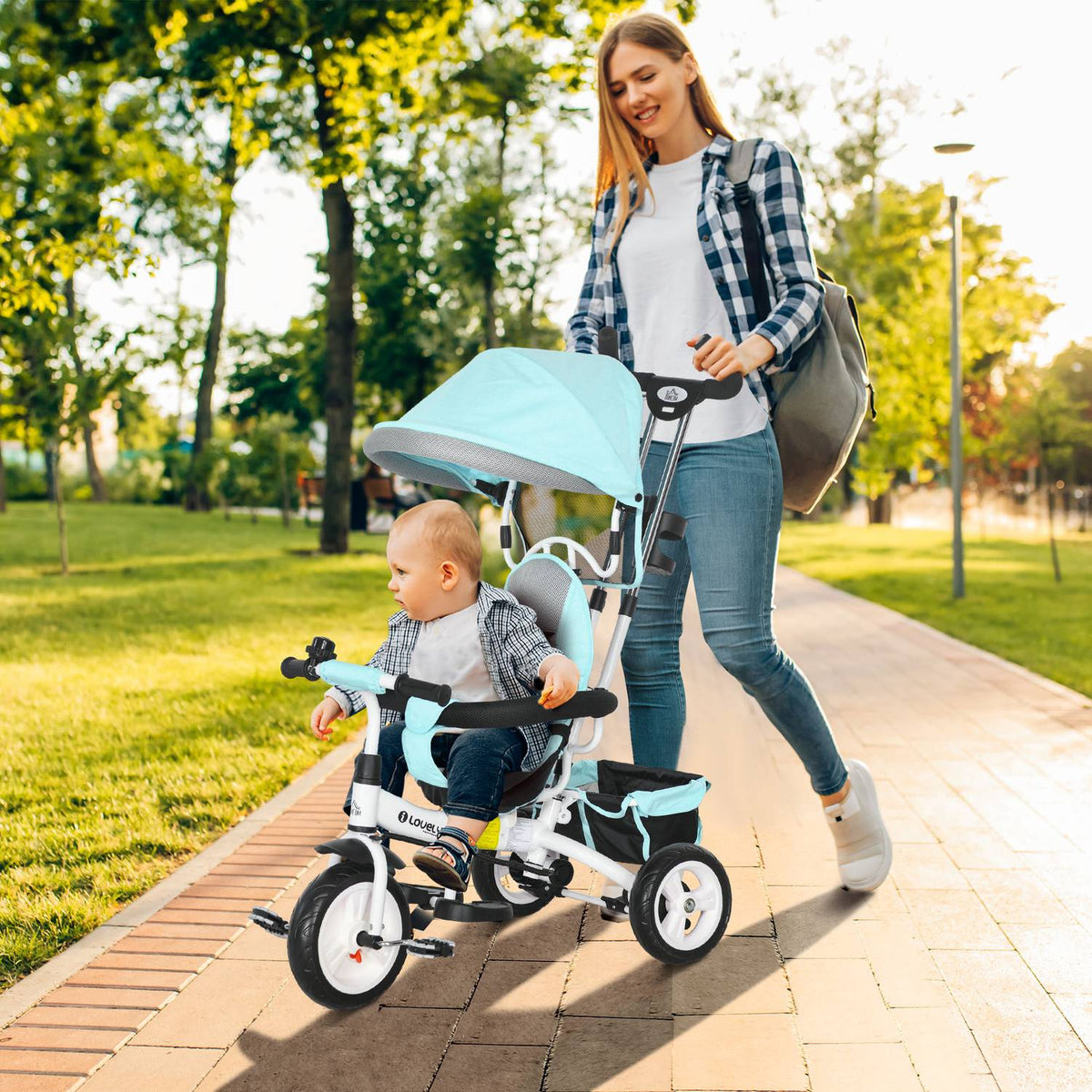 6-in-1 driewieler voor kinderen met duwstang, luifel, riem, opbergmand, voor 1-5 jaar, groen