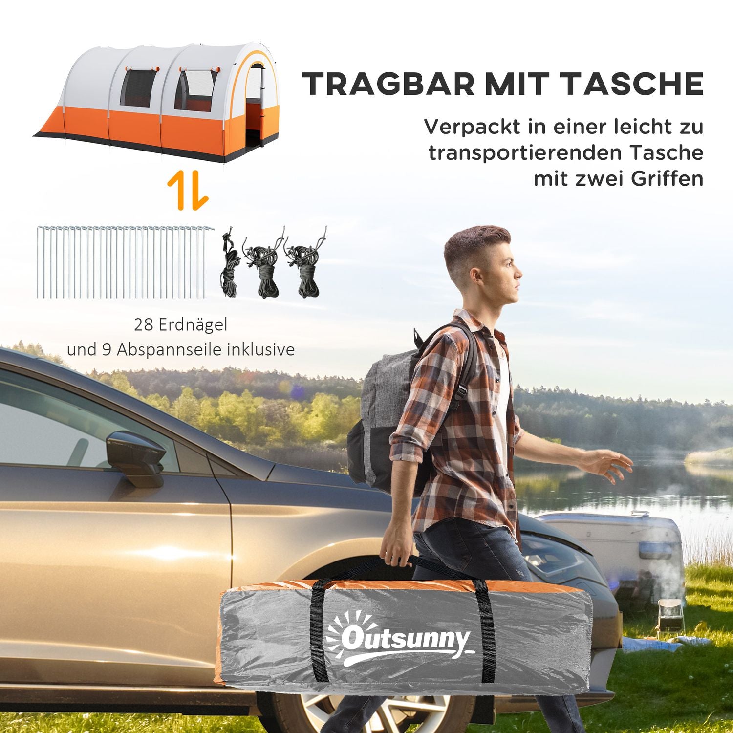 6-persoons tunneltent, 2 kamers, waterafstotend, crèmewit