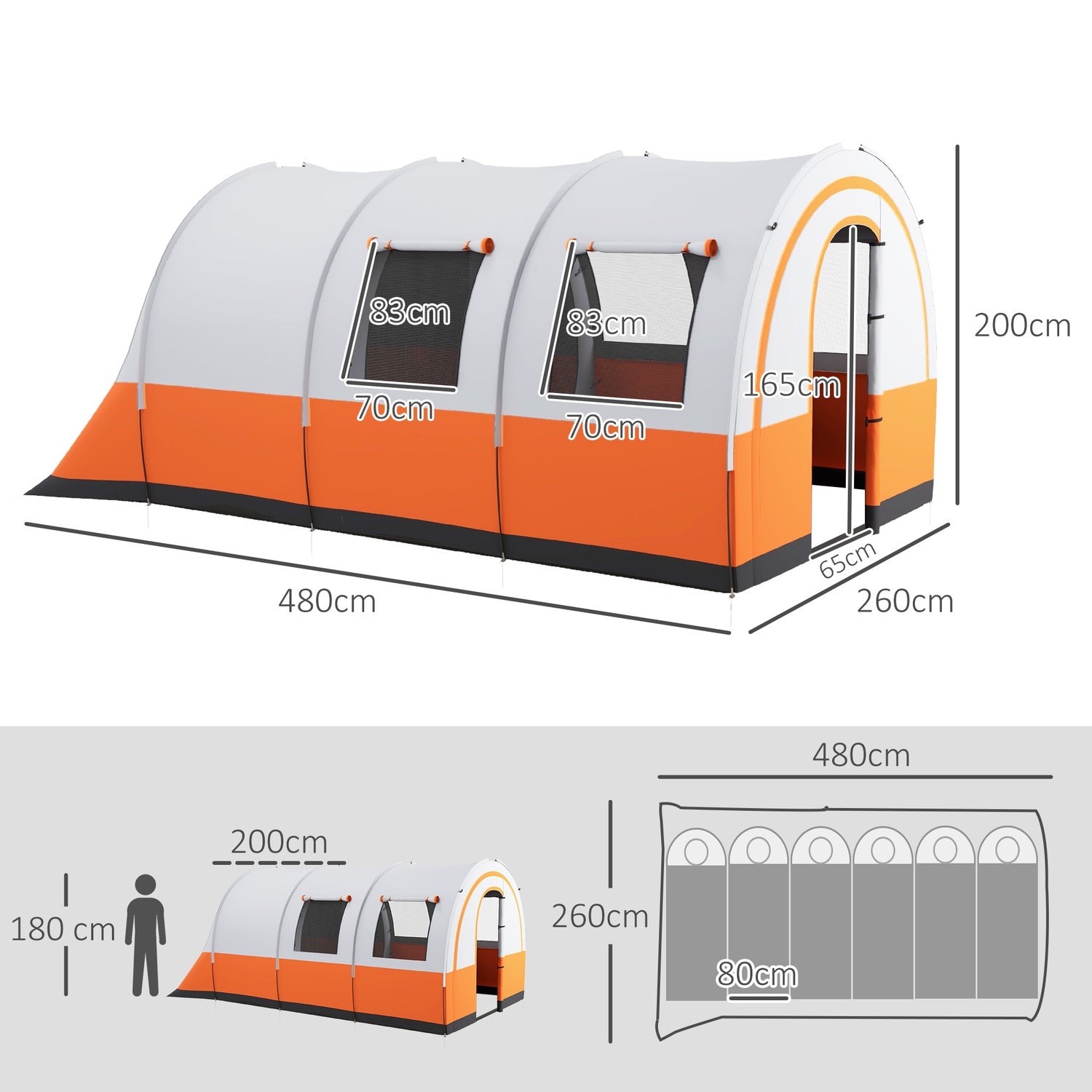 6-persoons tunneltent, 2 kamers, waterafstotend, crèmewit