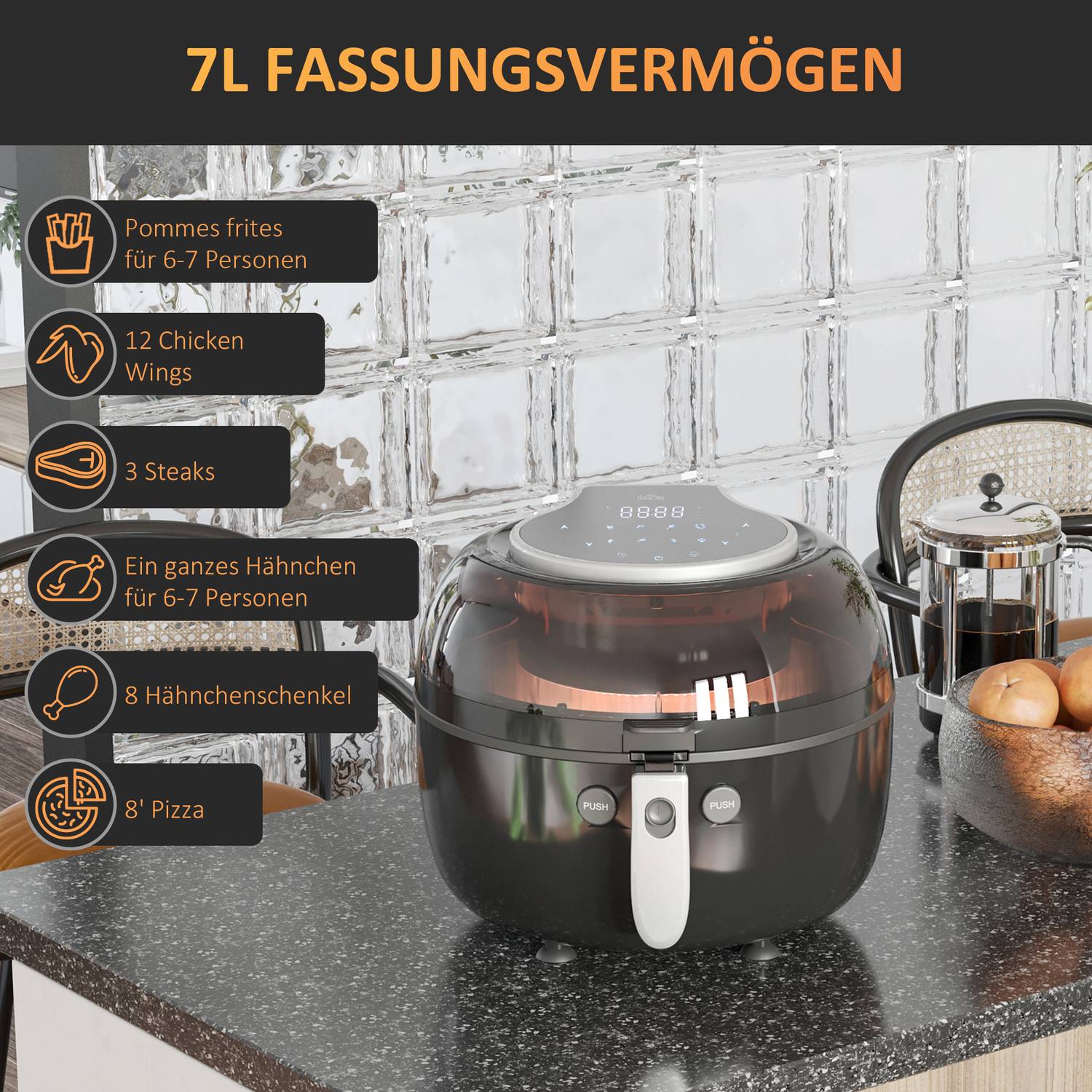 7L heteluchtfriteuse, olievrij, 1500W, mand met antiaanbaklaag