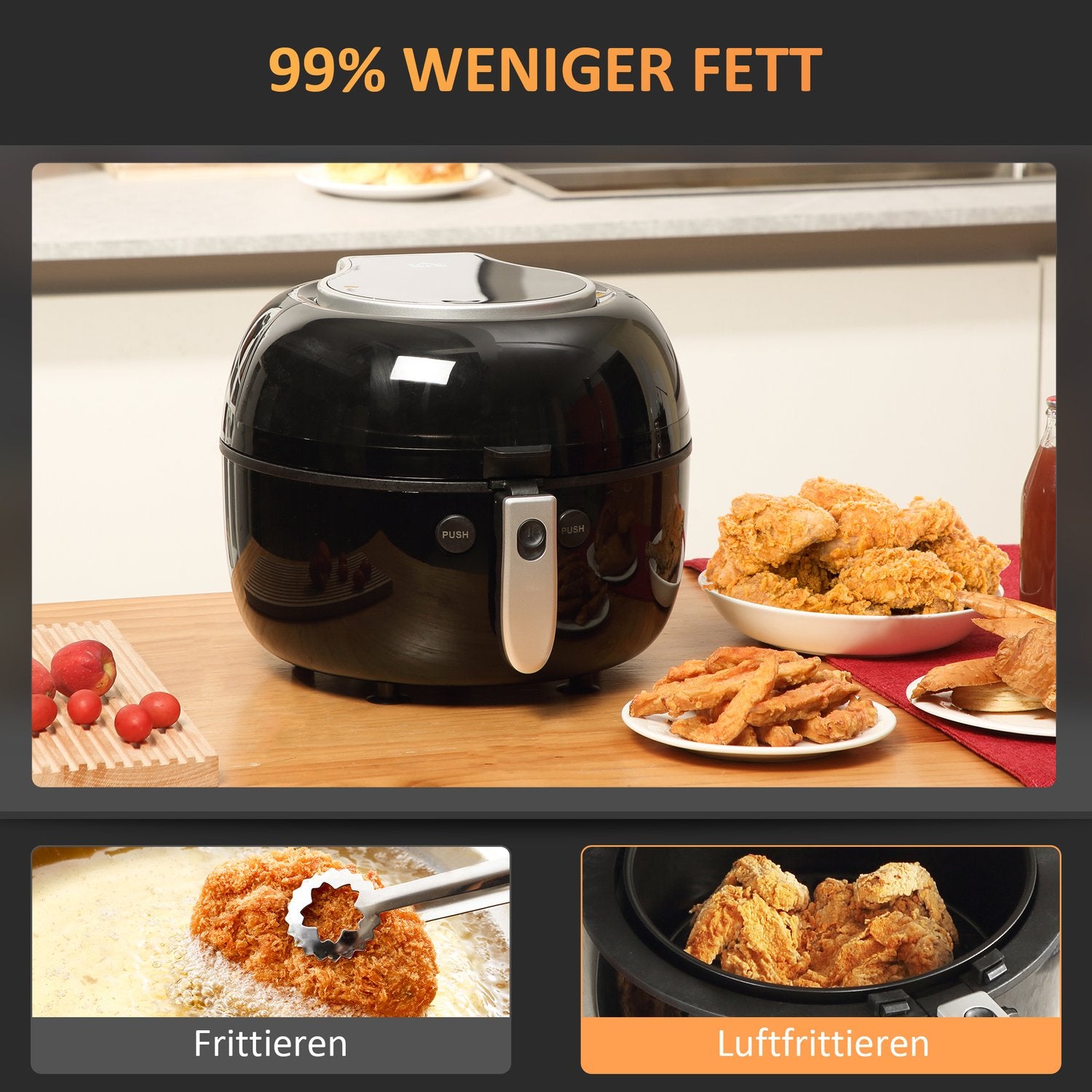 7L heteluchtfriteuse, olievrij, 1500W, mand met antiaanbaklaag