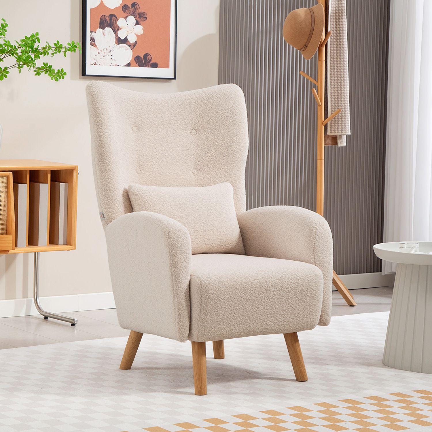 Accentfåtölj, plyschklädsel, skumdyna, beige