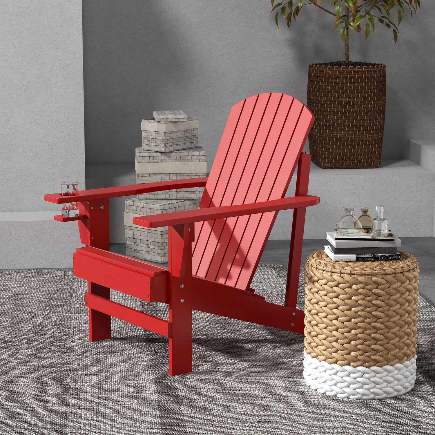 Adirondack tuinstoel, rood massief hout met bekerhouder