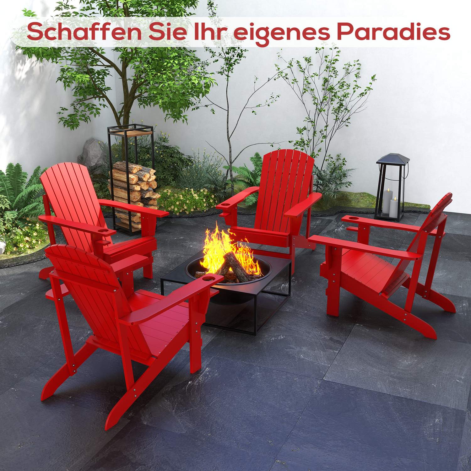 Adirondack tuinstoel, rood massief hout met bekerhouder
