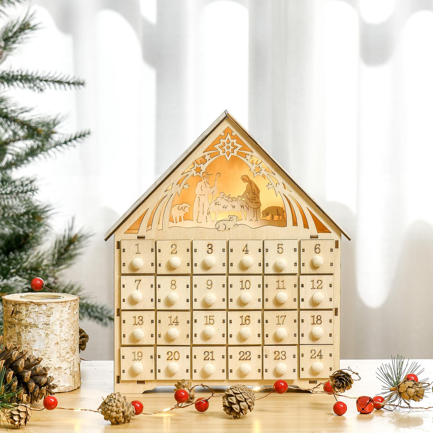 Adventskalender met 24 led-verlichte houten doosjes