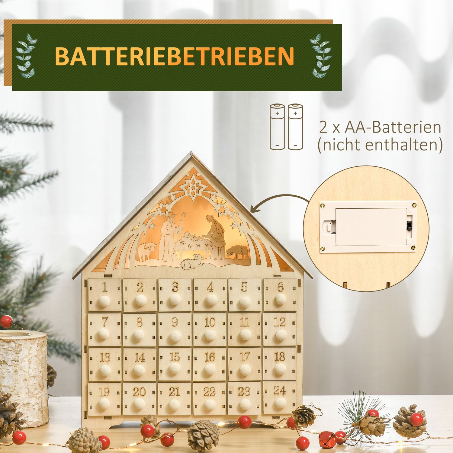 Adventskalender met 24 led-verlichte houten doosjes