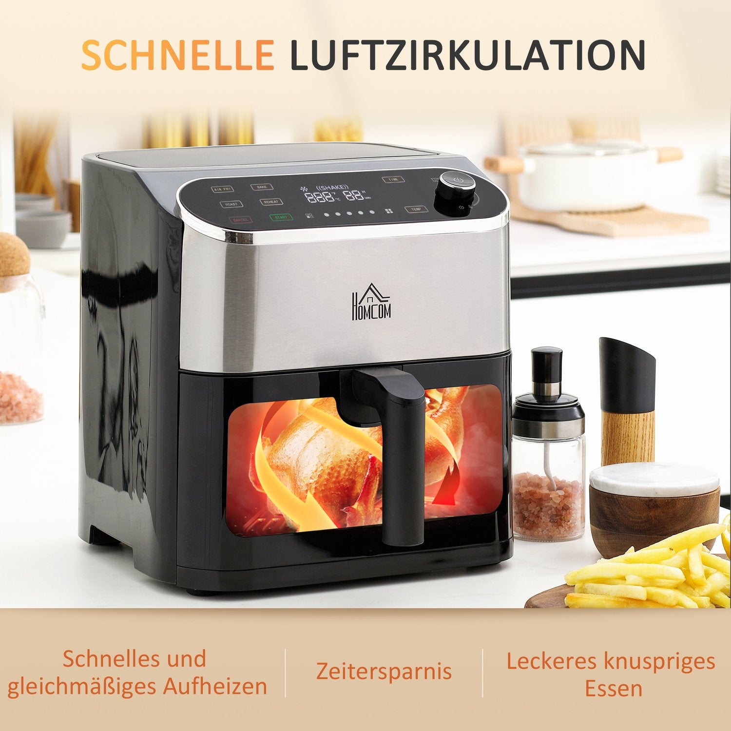 Airfryer met touchscreen, 6,5L, 1350W, antiaanbakmand