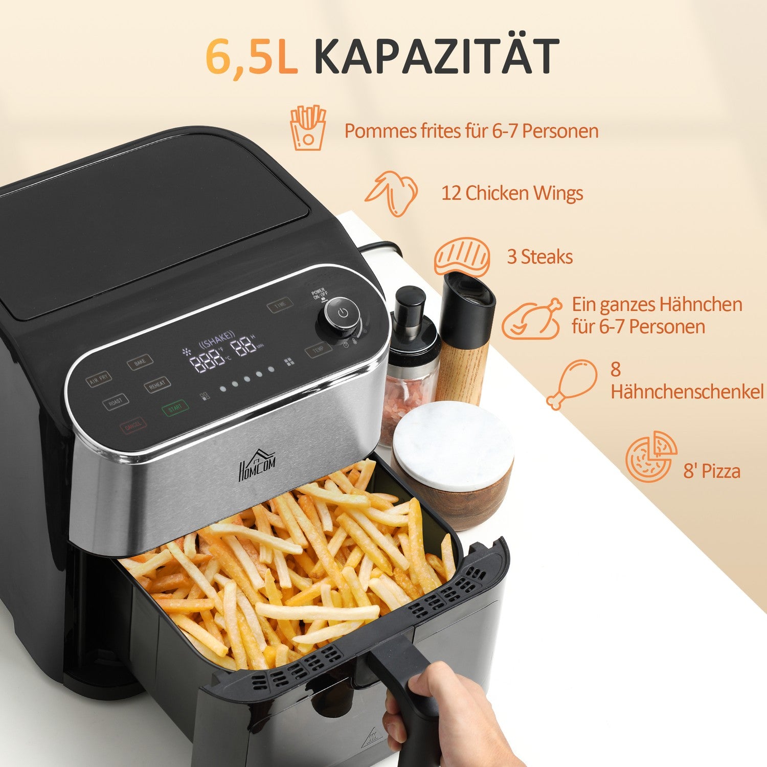 Airfryer met touchscreen, 6,5L, 1350W, antiaanbakmand