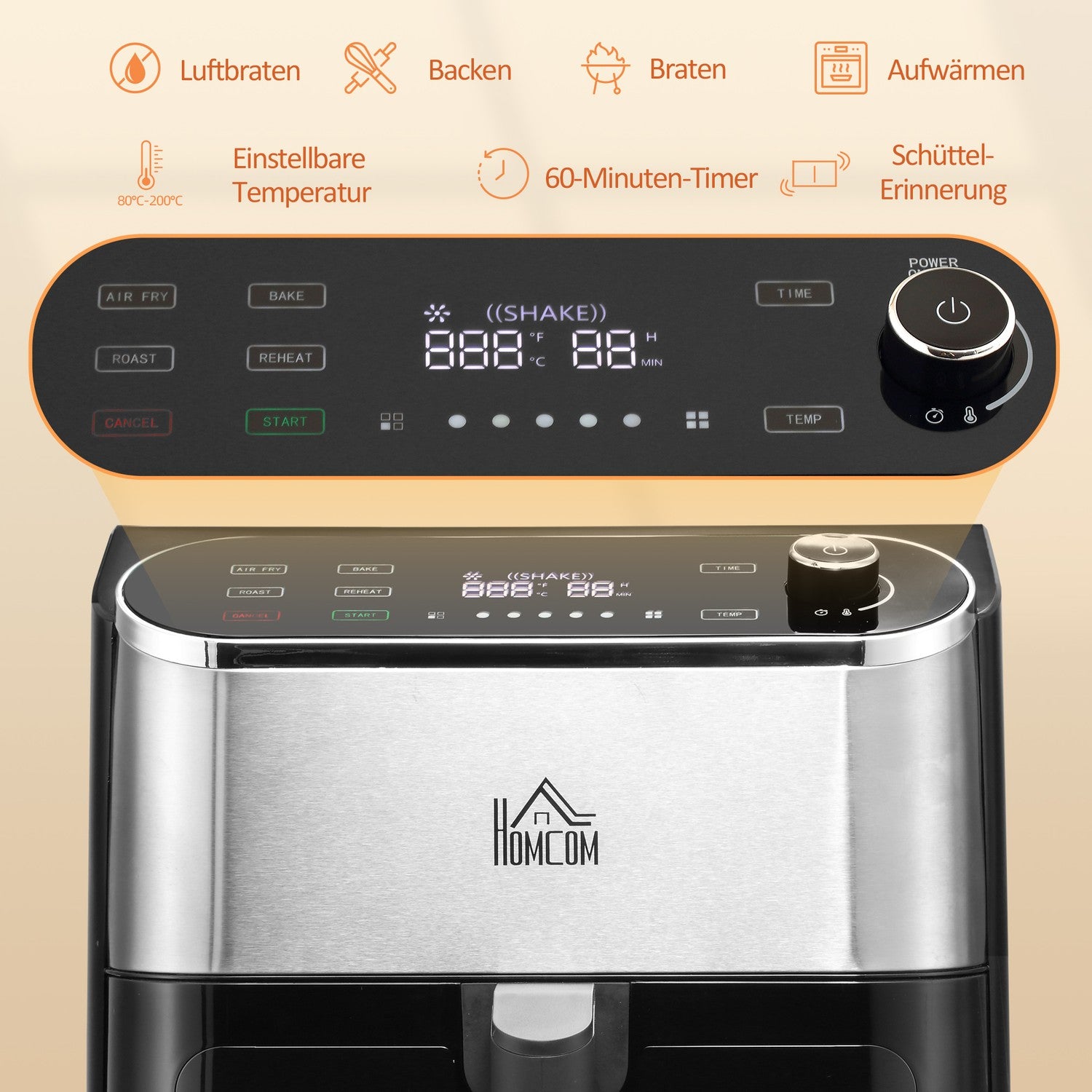Airfryer met touchscreen, 6,5L, 1350W, antiaanbakmand