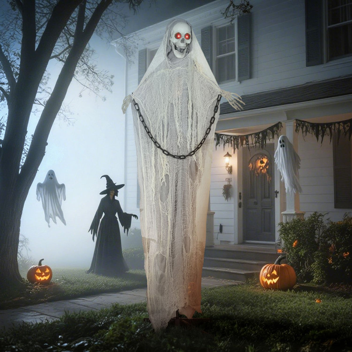 Bewegende Magere Hein-halloweendecoratie, 183 cm, lichtgevende ogen