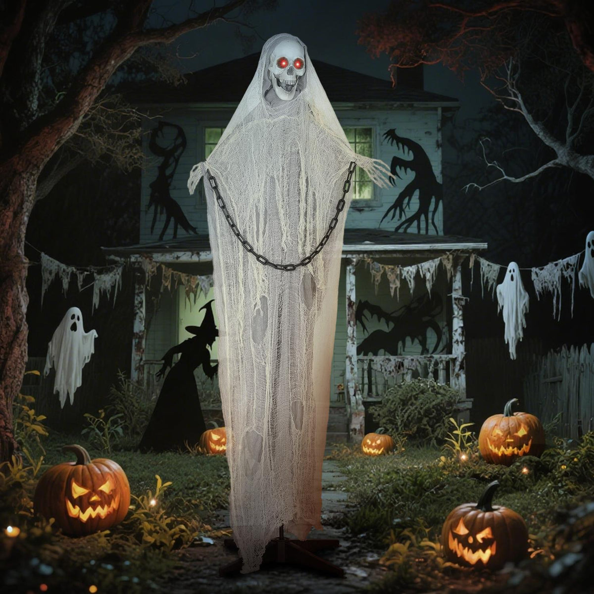 Bewegende Magere Hein-halloweendecoratie, 183 cm, lichtgevende ogen