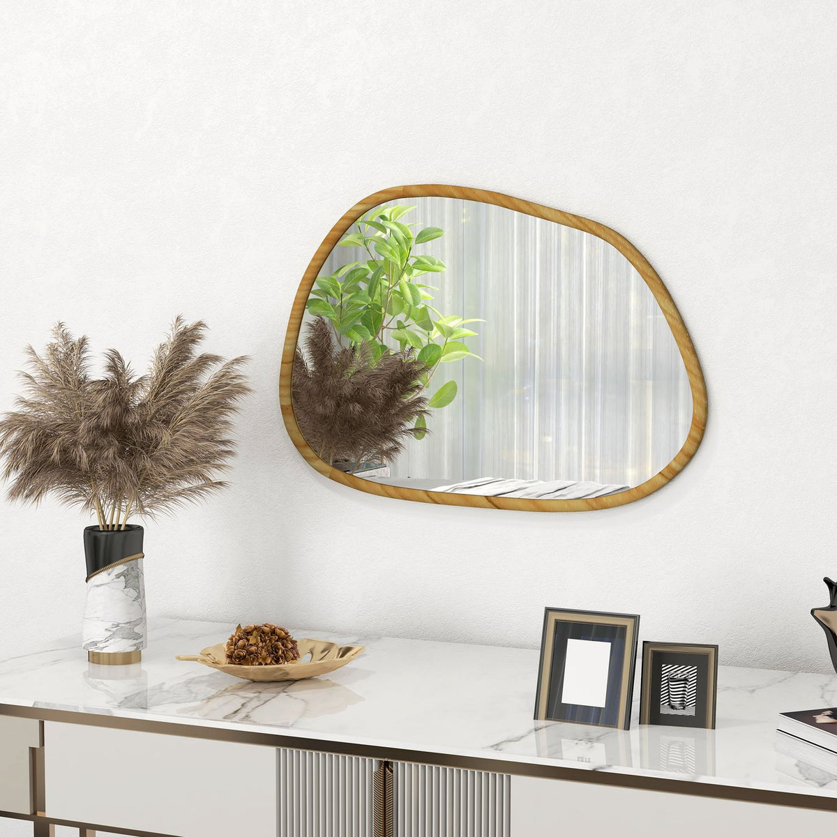 Asymmetrische wandspiegel, 70x50cm houten frame, antioxidant