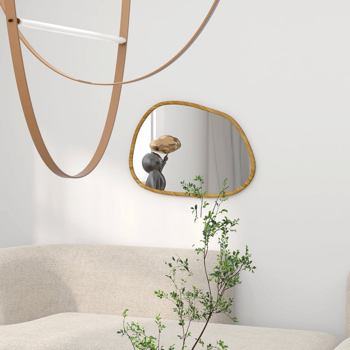 Asymmetrische wandspiegel, 70x50cm houten frame, antioxidant