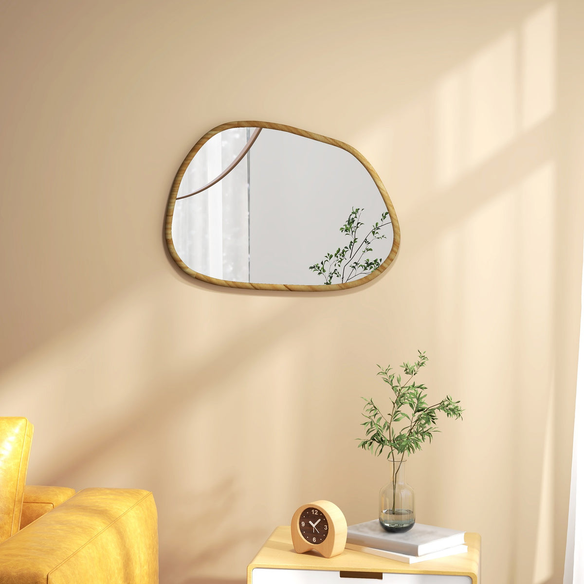 Asymmetrische wandspiegel, 70x50cm houten frame, antioxidant