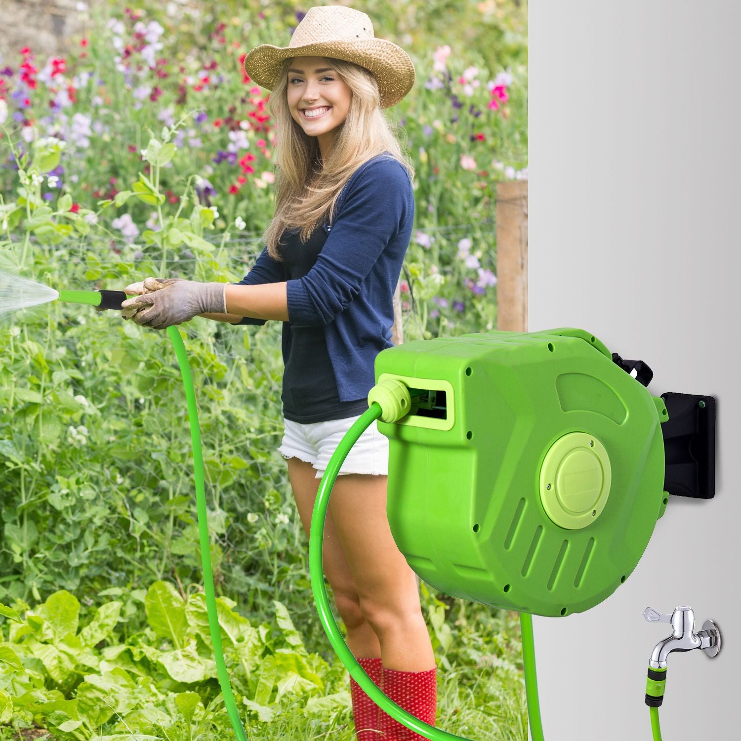Automatische slanghaspel 15M - Zwenkbaar, groen, voor lucht & tuinieren