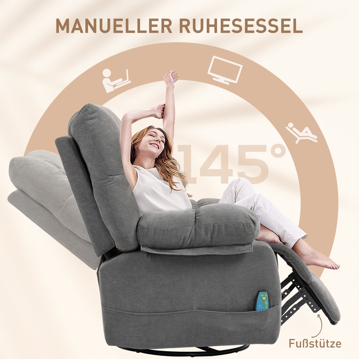 Ontspannende stoel met massagefunctie, ligfunctie, draaibare massagestoel, 4 zijvakken en afstandsbediening, donkergrijs
