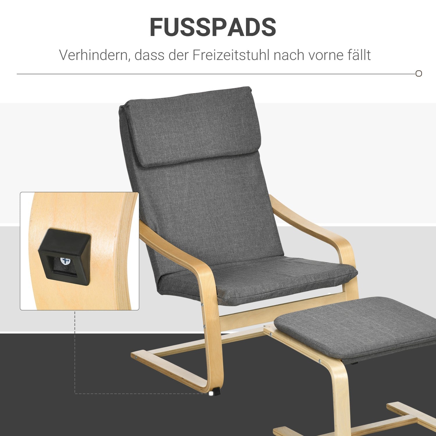 Avslappningsstol i grå linne med armstöd och fotpall