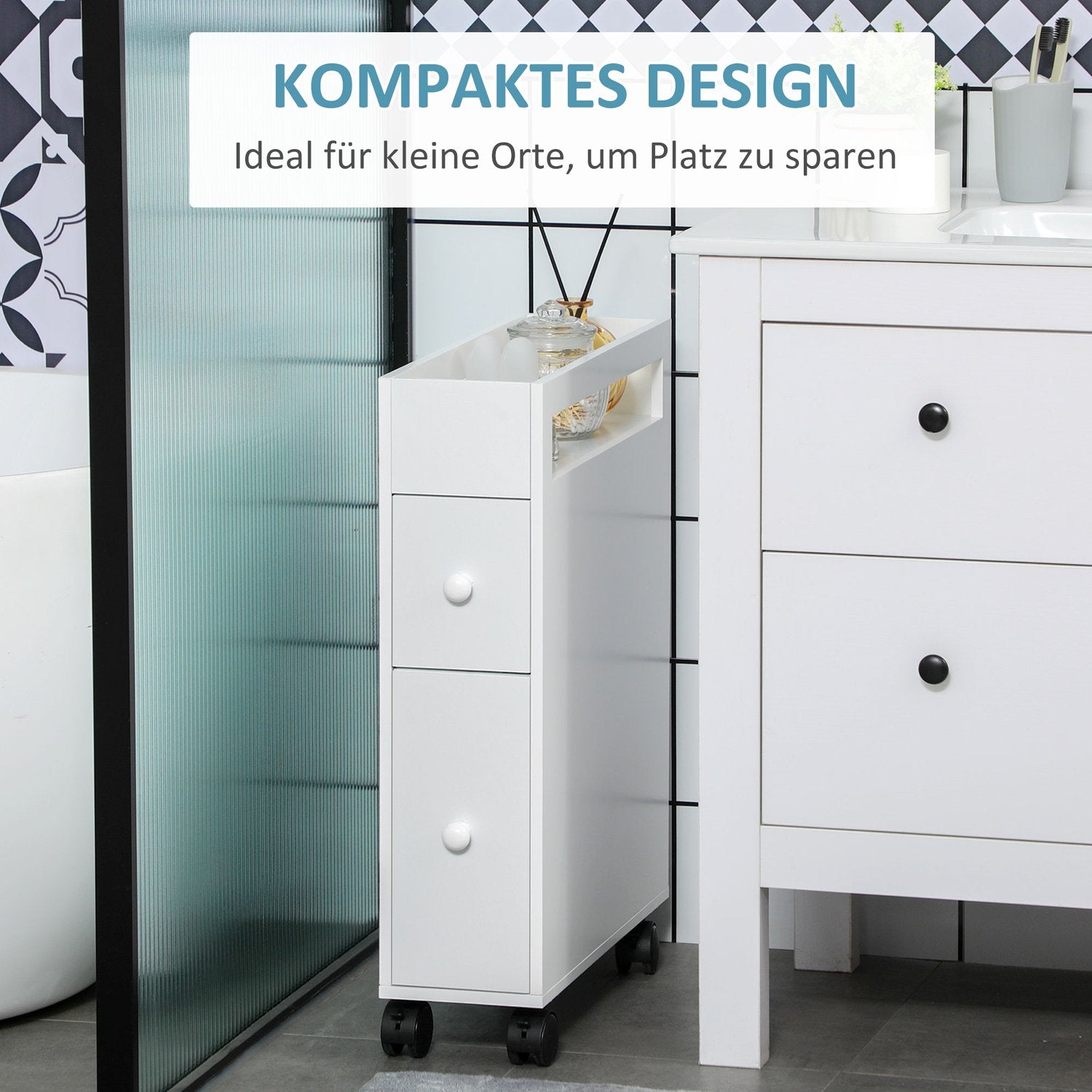 Badrumsskåpvagn, Vit, 2 lådor, Hjul