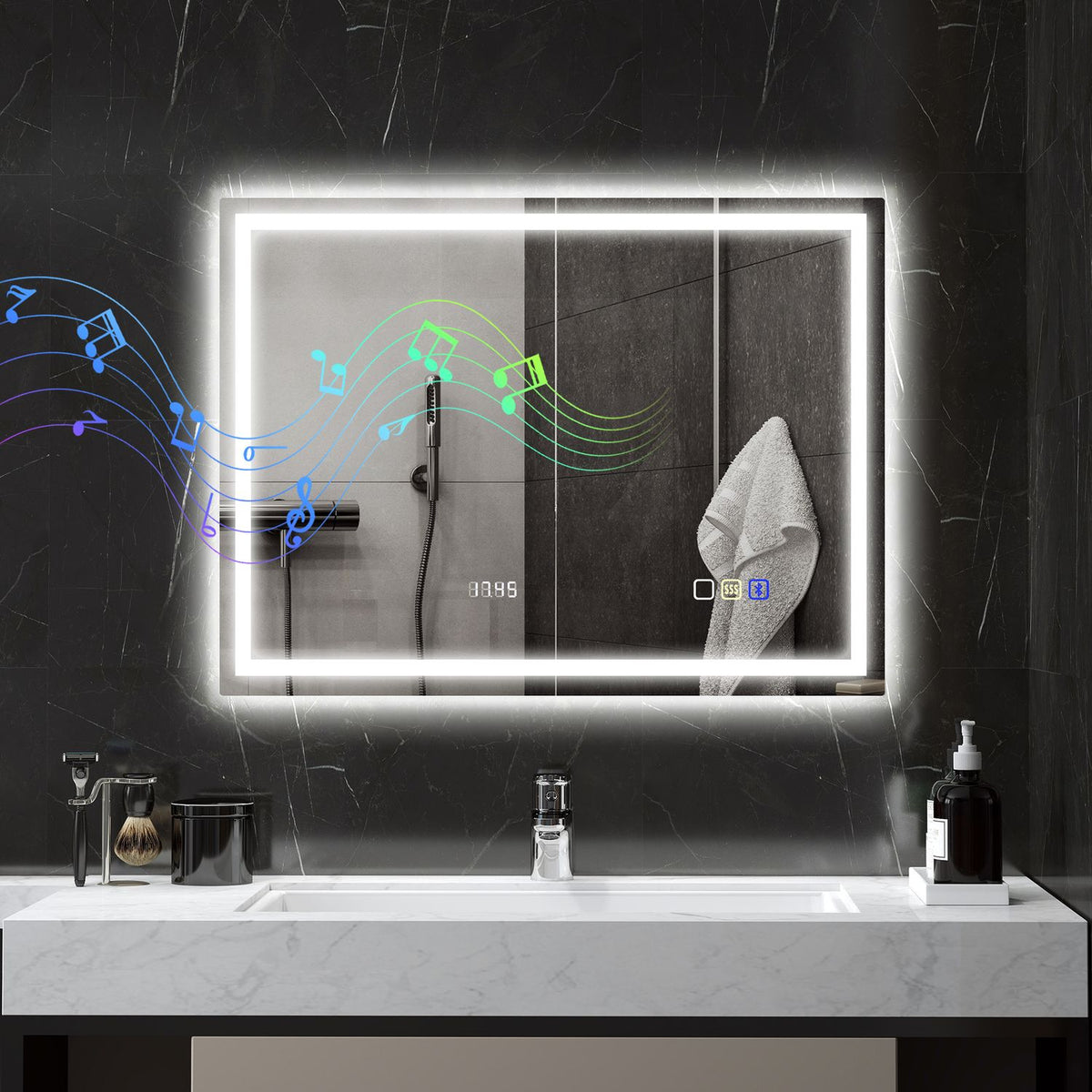 Badkamerspiegel met ledverlichting, anti-condenspad, 3 instelbare kleuren, klok, 600 x 800 mm, zilver