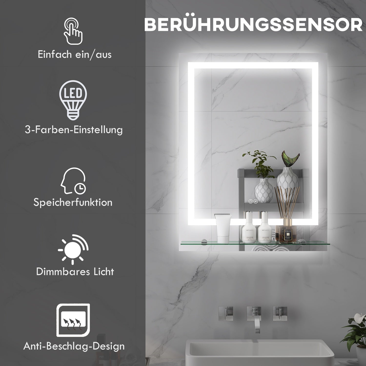 Badkamerspiegel met verlichting en anti-condens, 70 x 50 cm