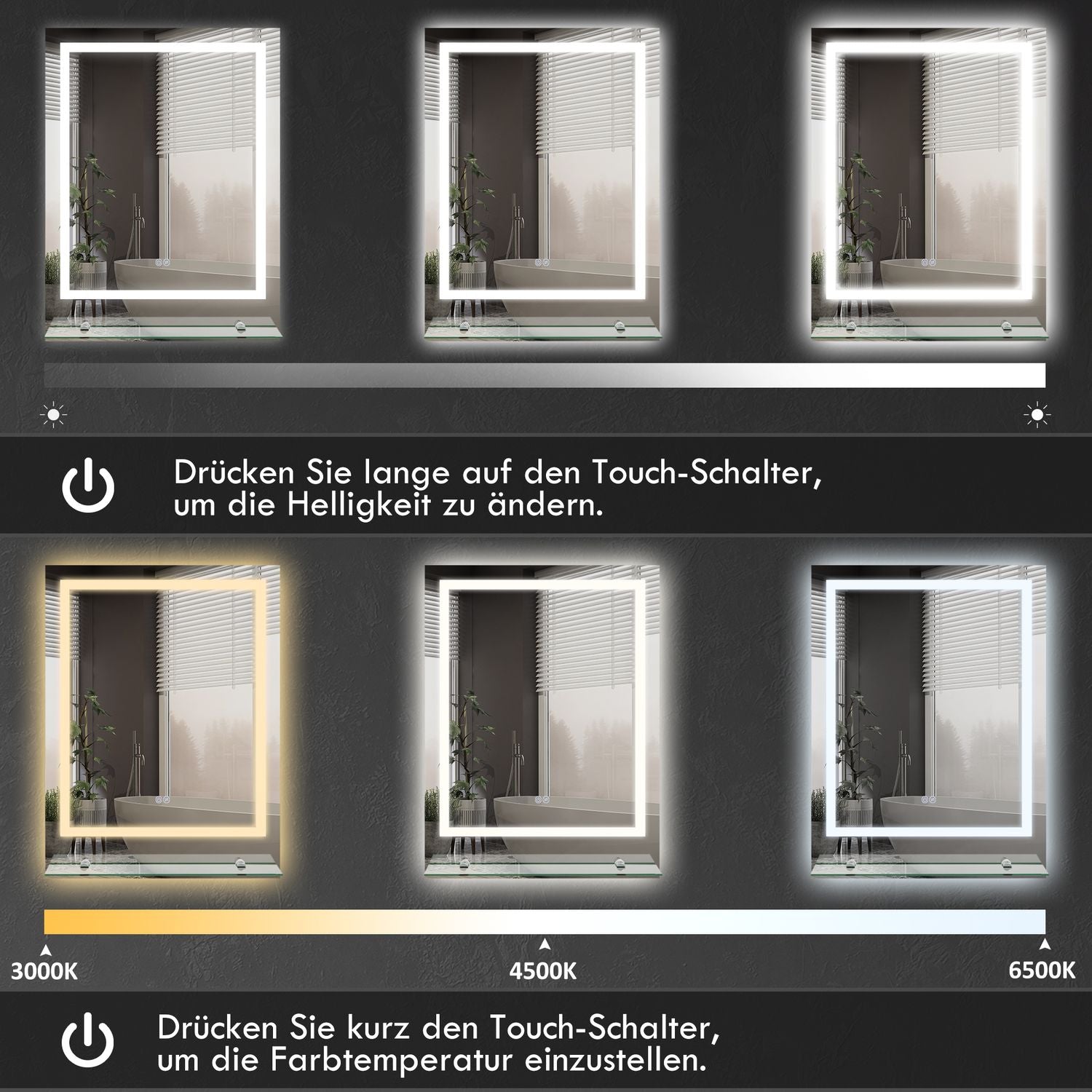 Badkamerspiegel met verlichting en anti-condens, 70 x 50 cm