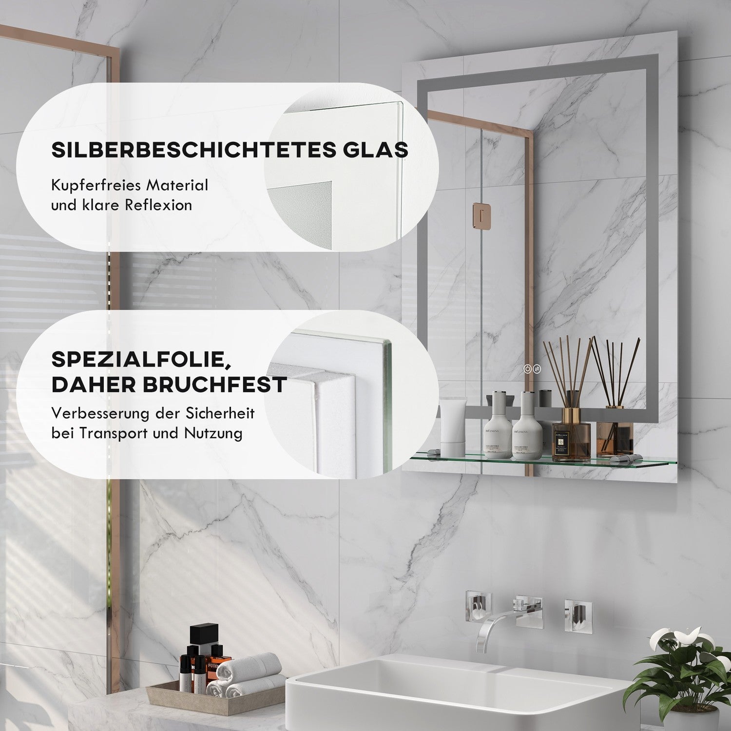 Badkamerspiegel met verlichting en anti-condens, 70 x 50 cm