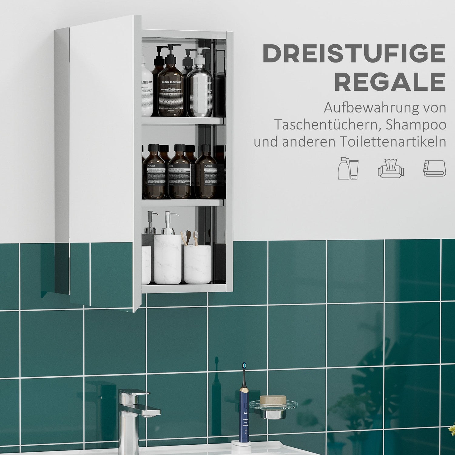 Roestvrijstalen badkamerspiegelkast - 3 etages, zilver