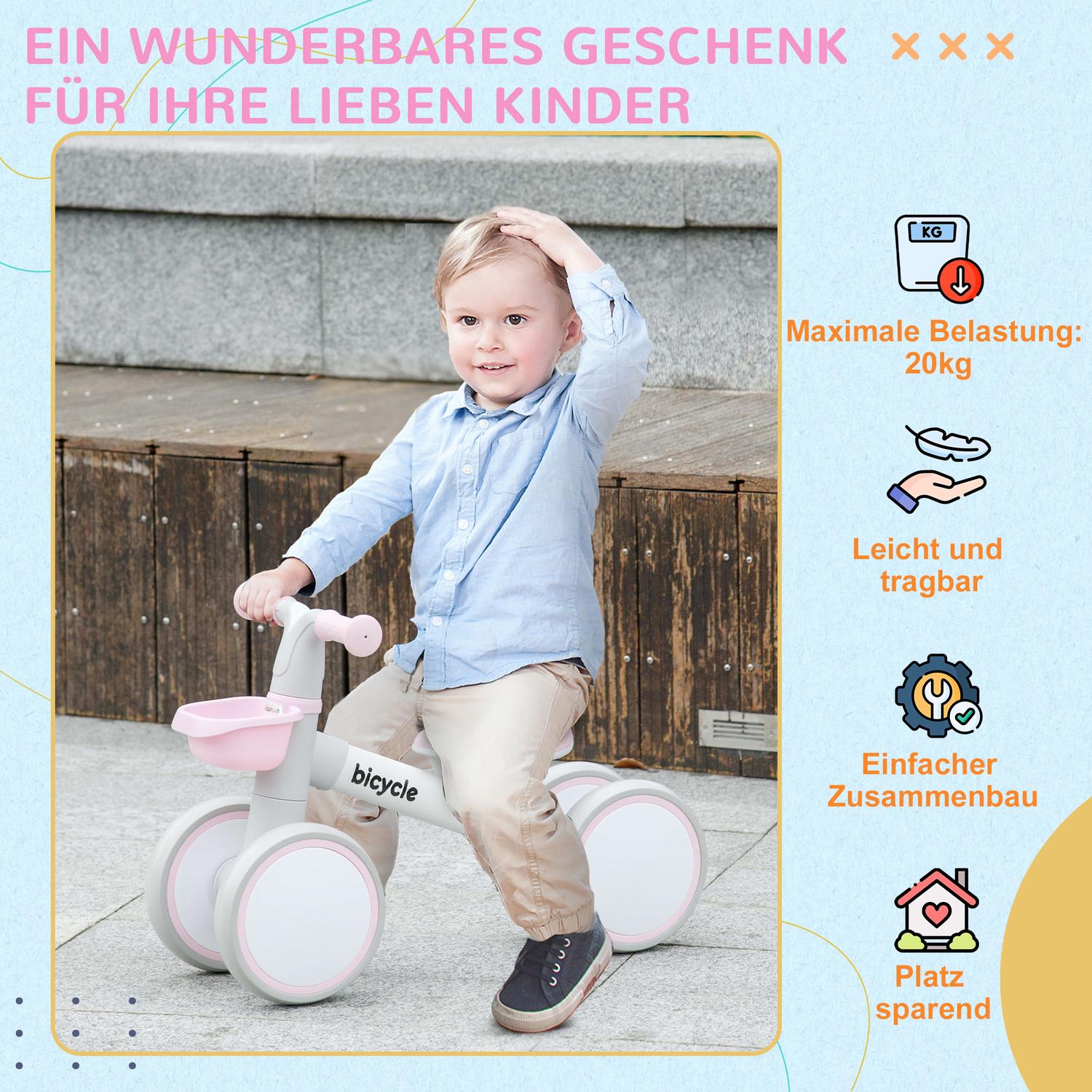 Loopfiets voor peuters, Roze/Wit, TPU-wielen zonder schroeven