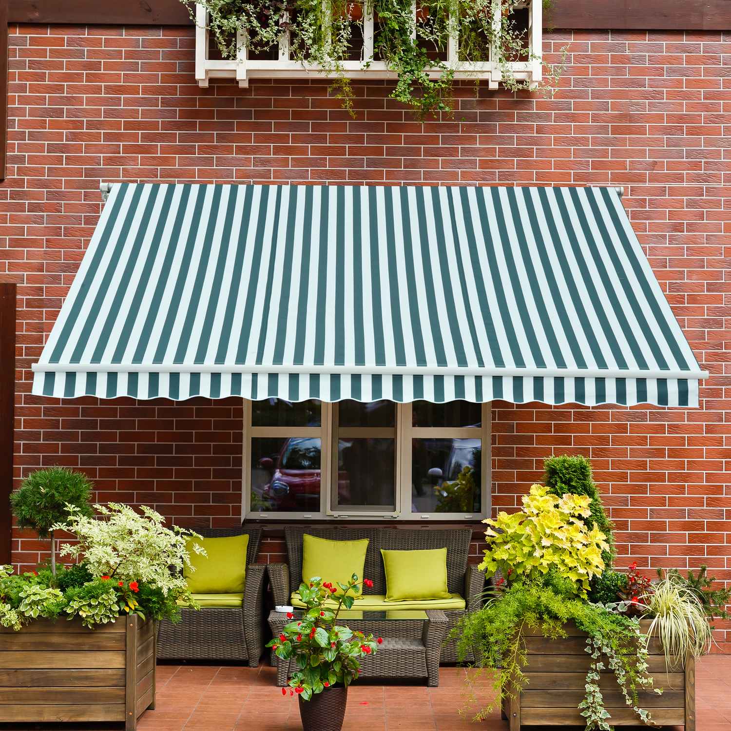 Balkon knikarmscherm – 3x2,5M, Zonwering, Groen/Wit
