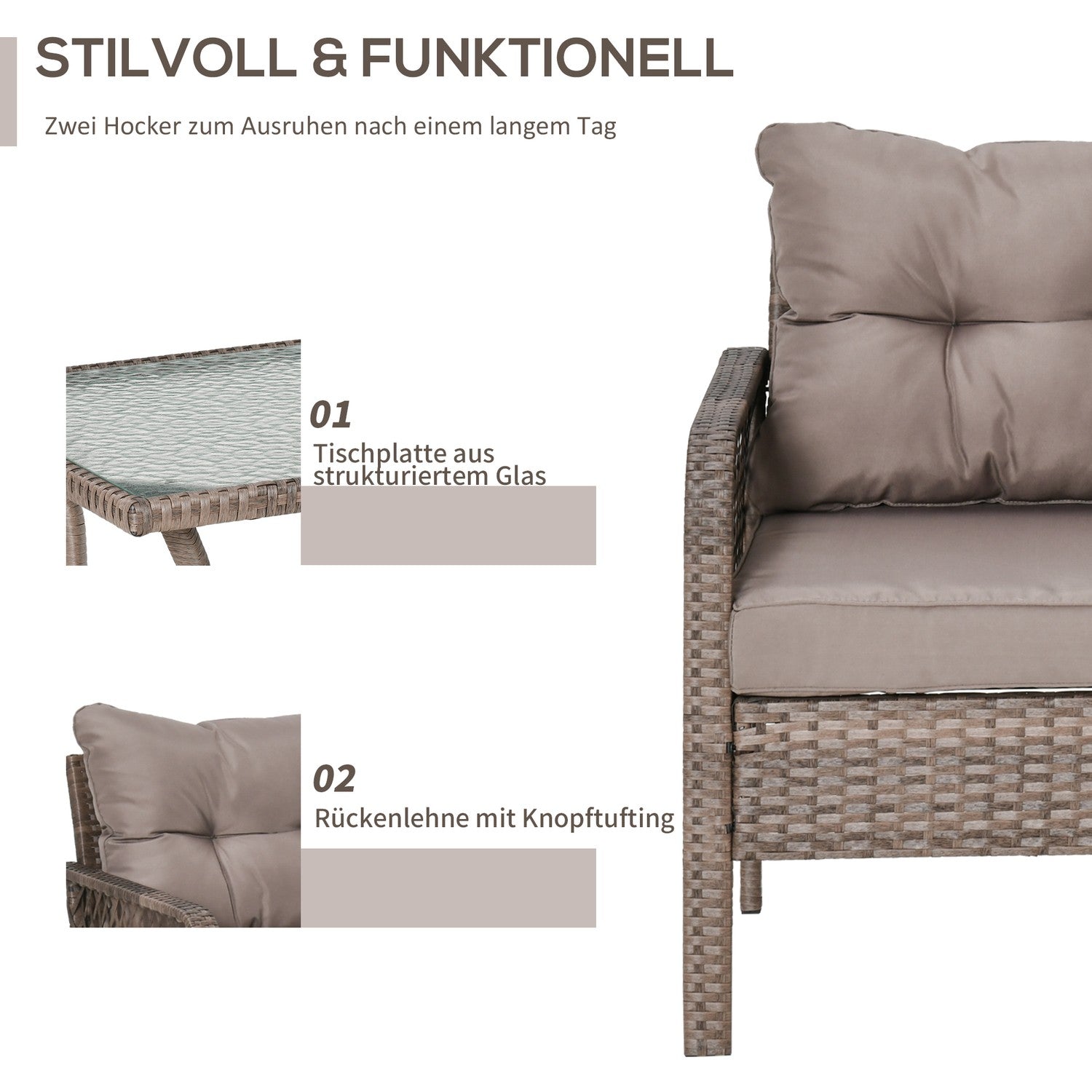 Rotan balkonmeubelset - 4-zits bank, poef & tafel
