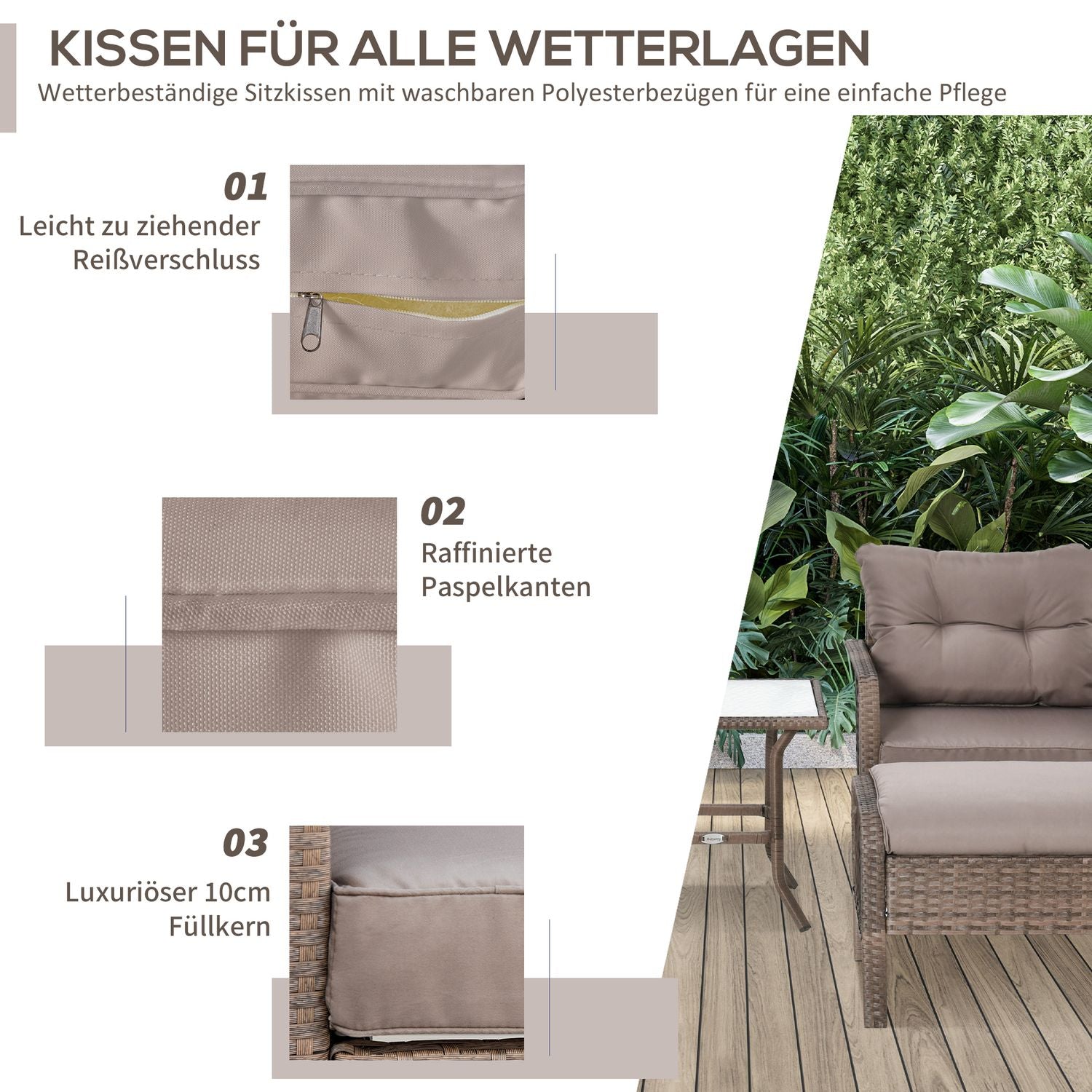 Rotan balkonmeubelset - 4-zits bank, poef & tafel