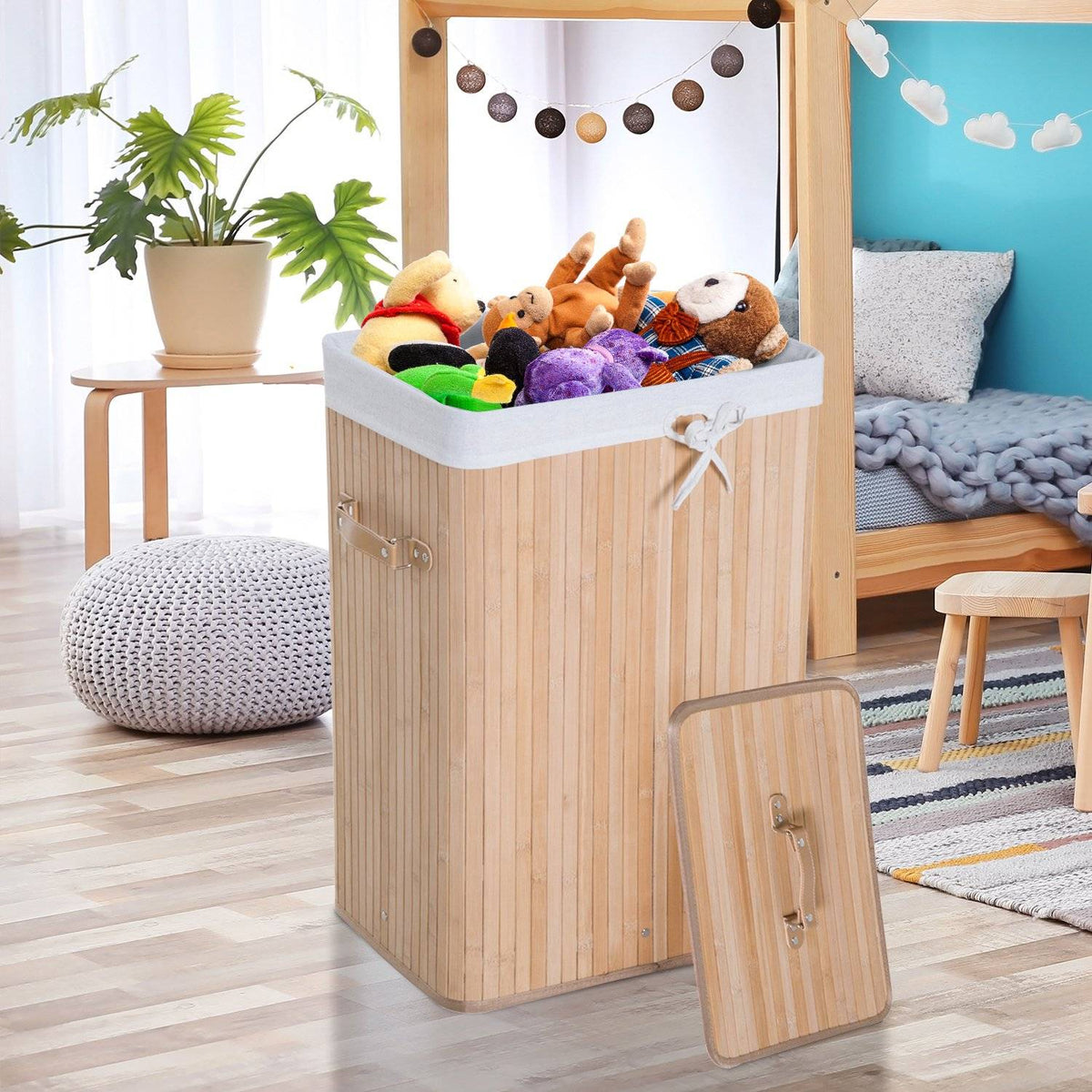 Bamboe opvouwbare wasmand 72L – Canvaszak met deksel