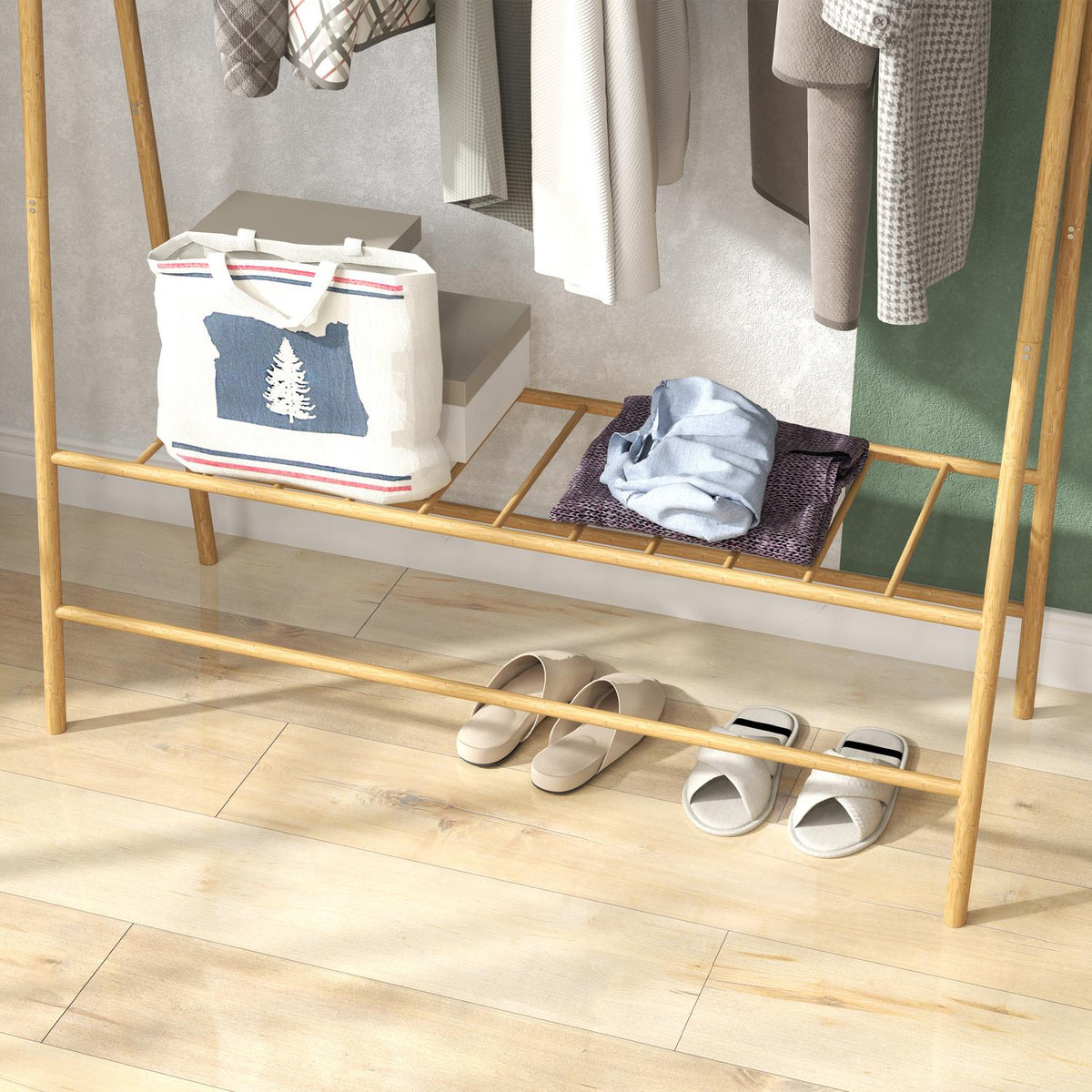 Bamboe kledingrek met planken en haken, naturel hout