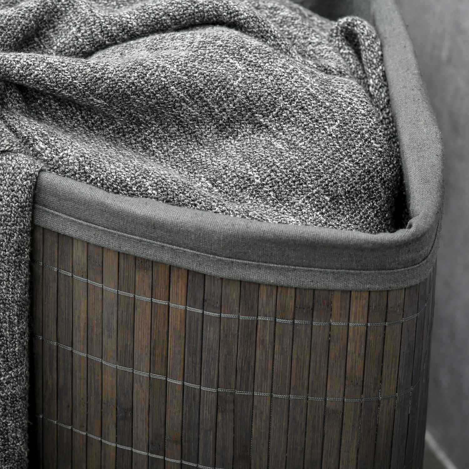 Portabiancheria in bambù, 55L con coperchio e sacco removibile, grigio