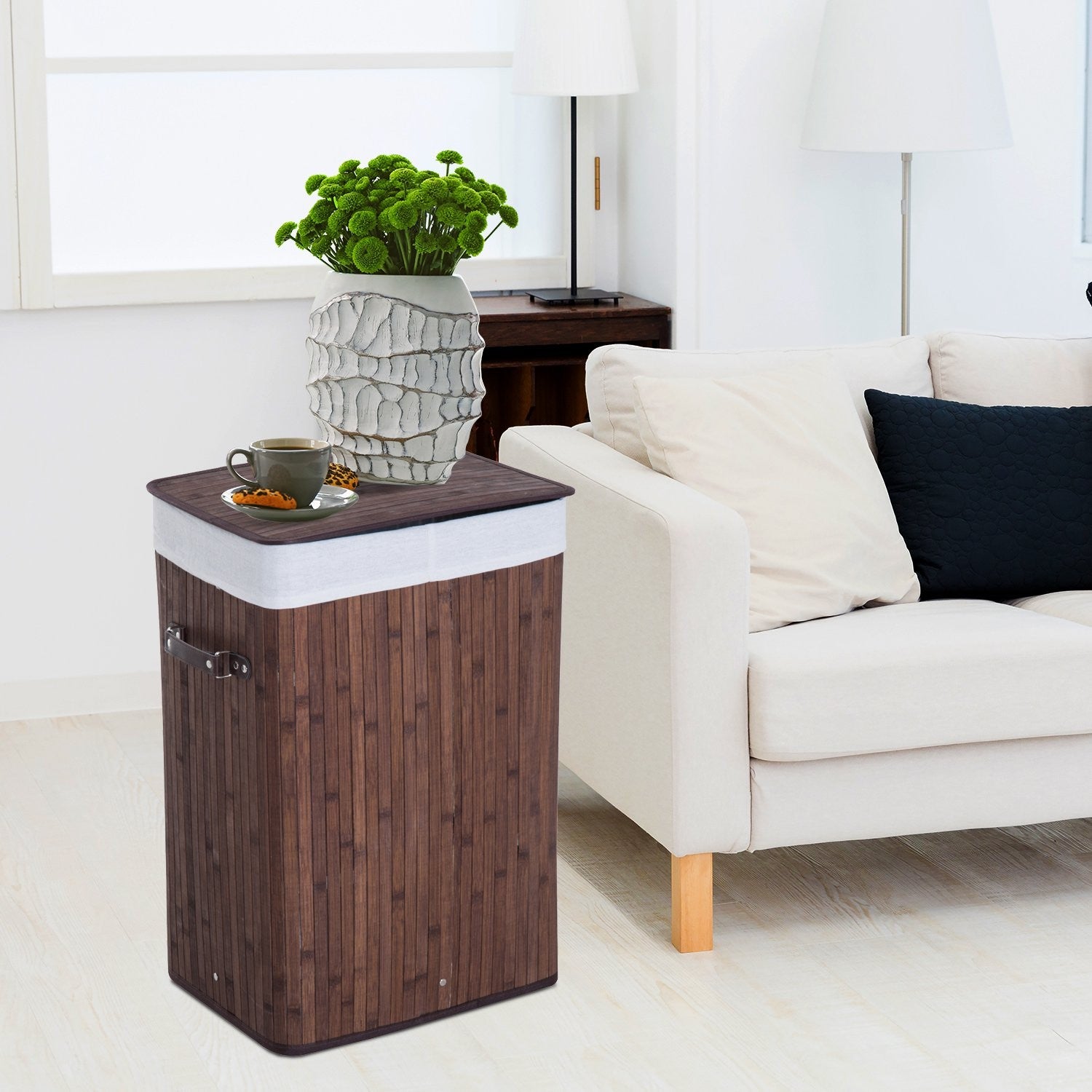 Bambu tvättkorg med lock, 72L, hopfällbar & tvättbar