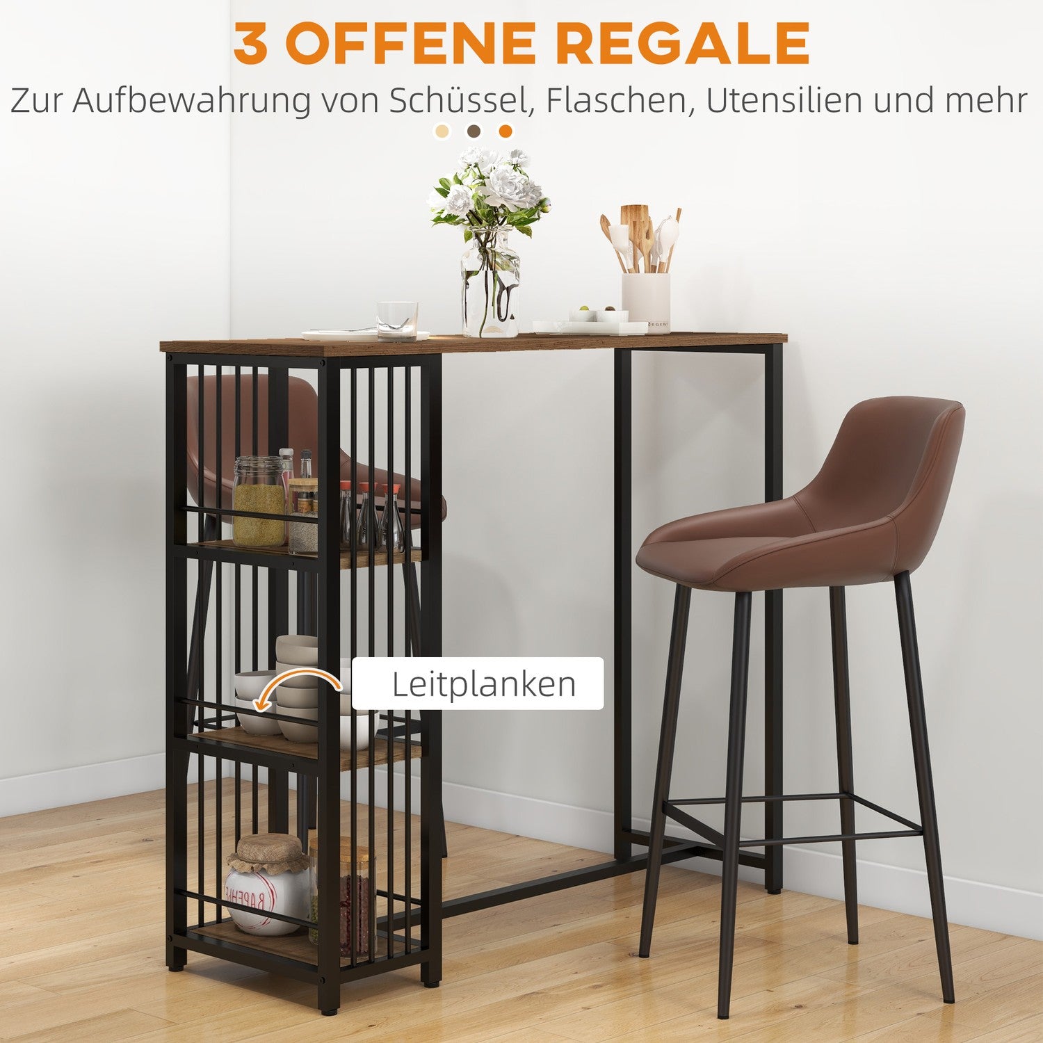 Bartafel – houtlook, 3 planken, stalen frame, 120x40x105 cm