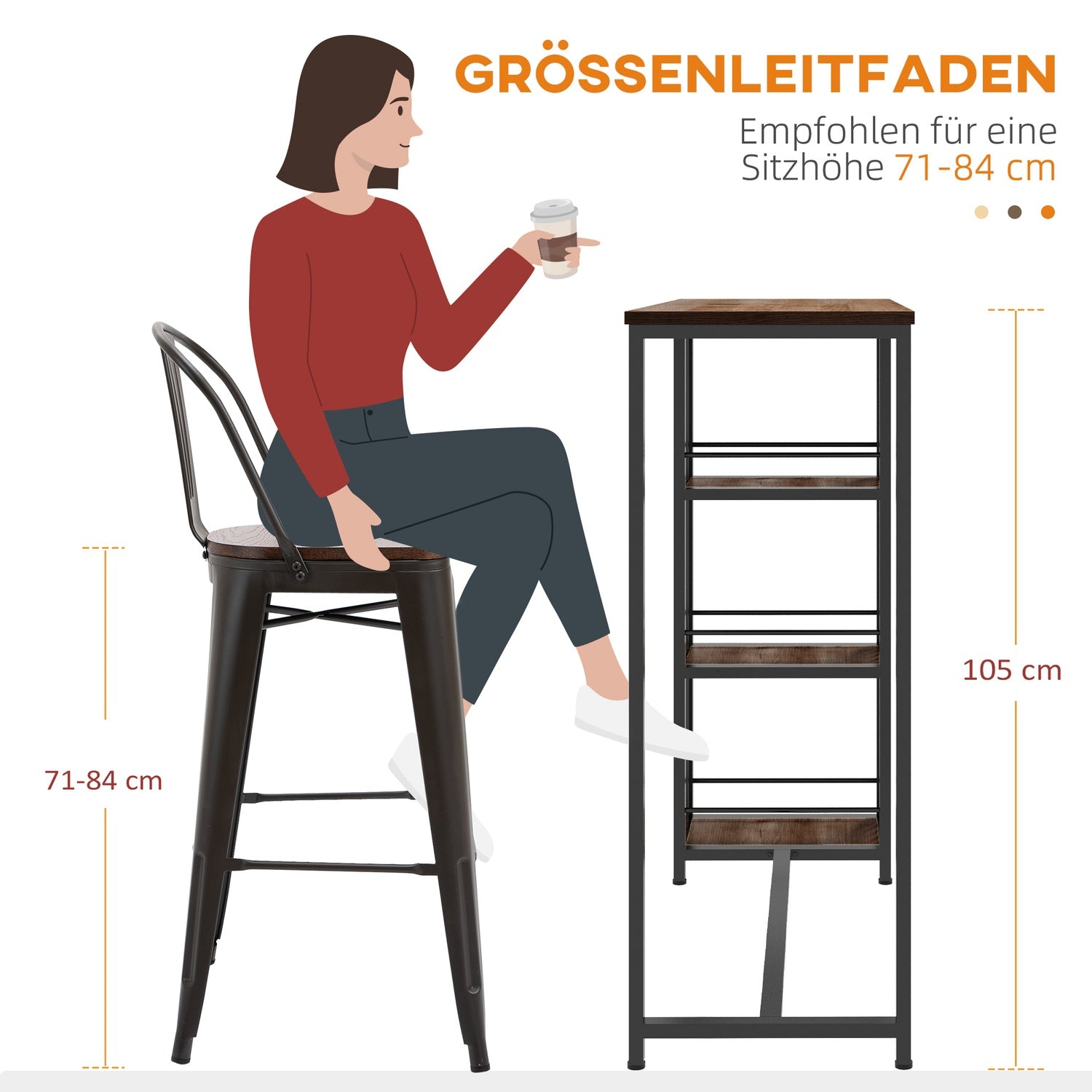 Bartafel – houtlook, 3 planken, stalen frame, 120x40x105 cm