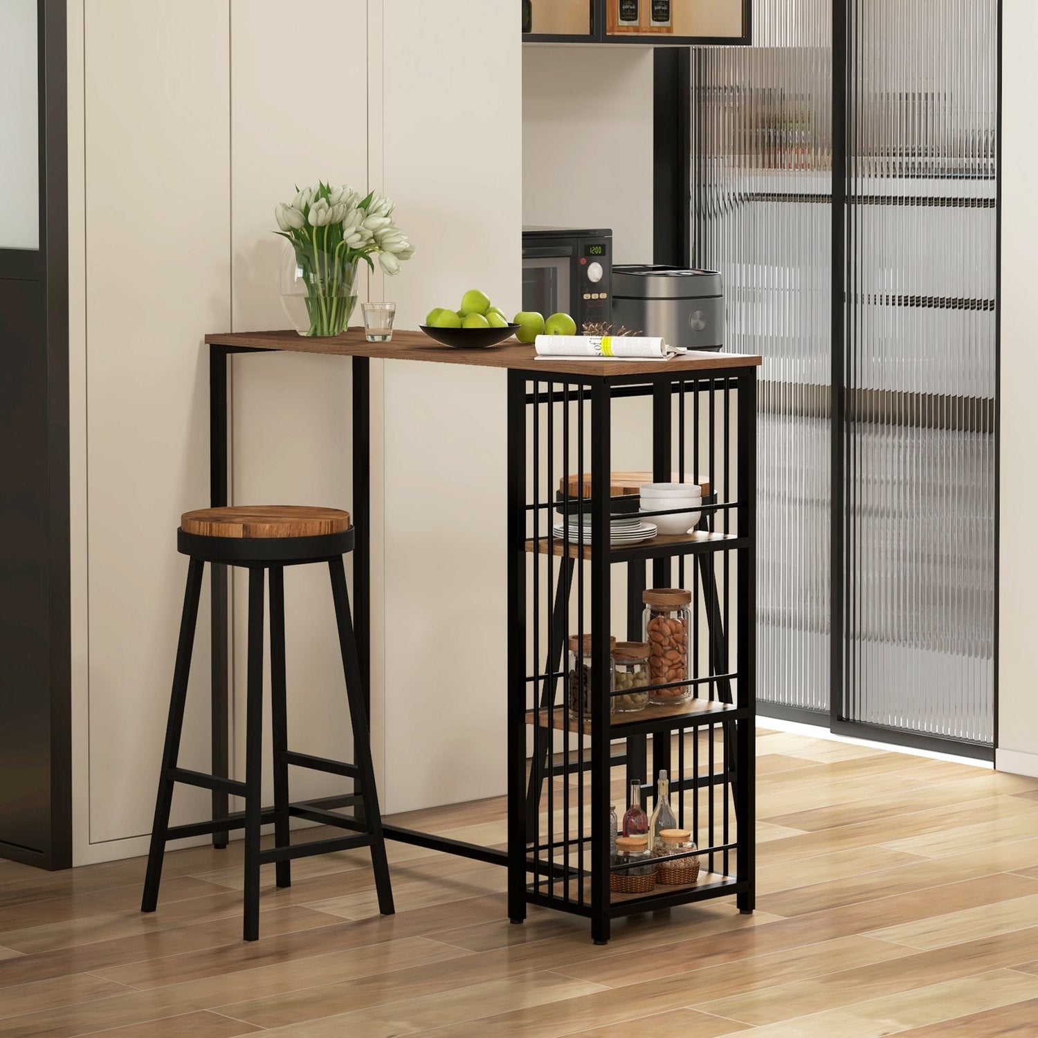 Bartafel – houtlook, 3 planken, stalen frame, 120x40x105 cm