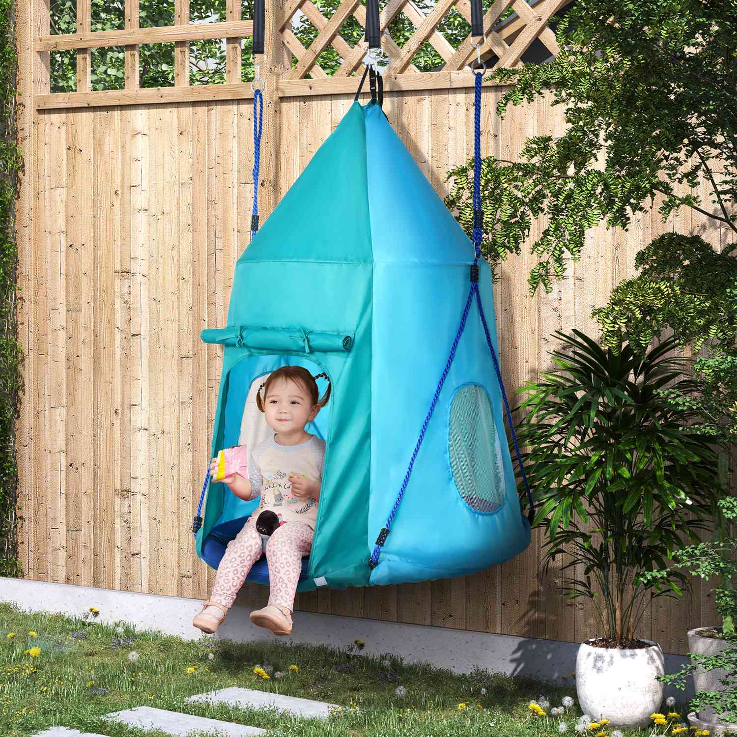 Kinderhangmat met tent, verstelbaar, waterdicht, blauwgroen