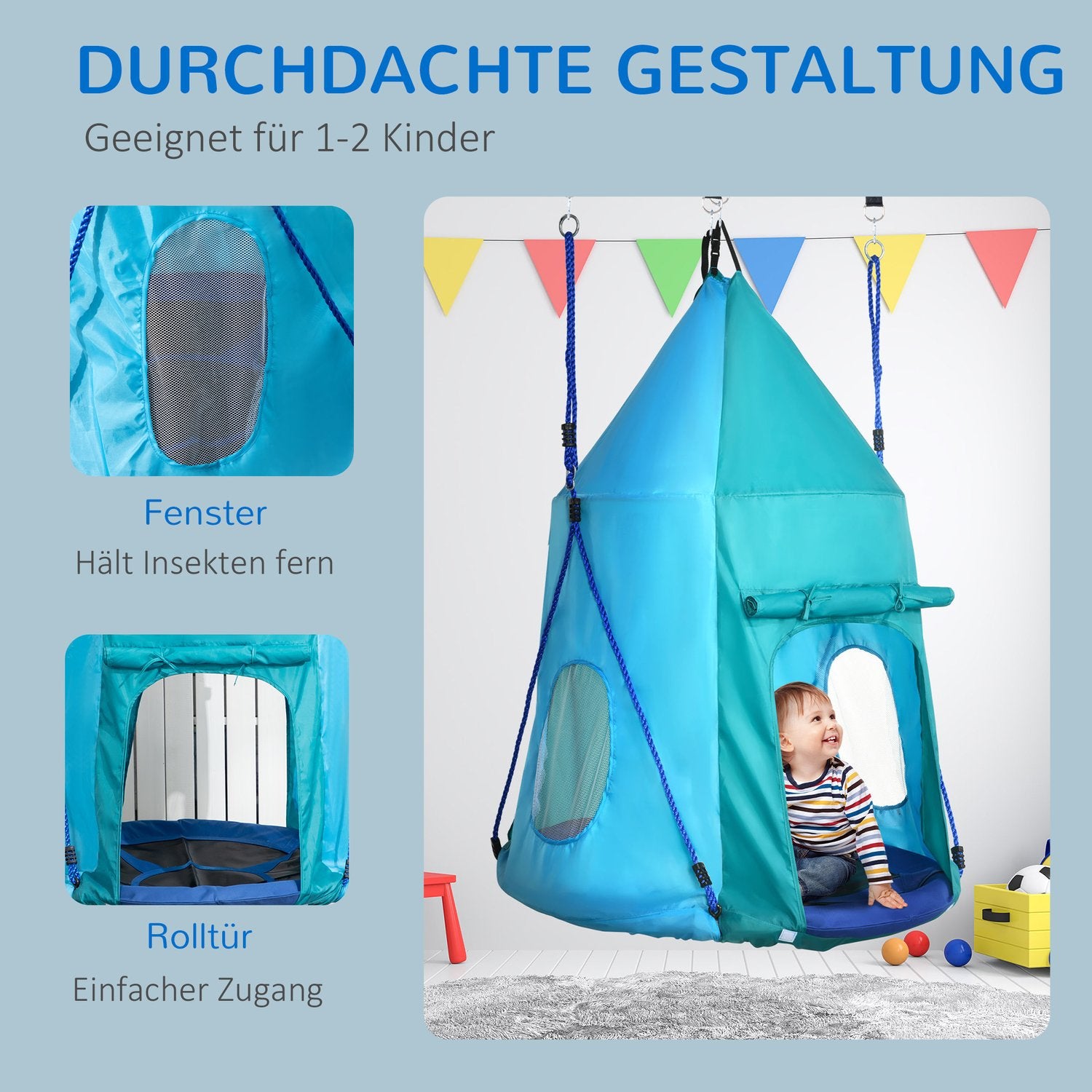 Kinderhangmat met tent, verstelbaar, waterdicht, blauwgroen