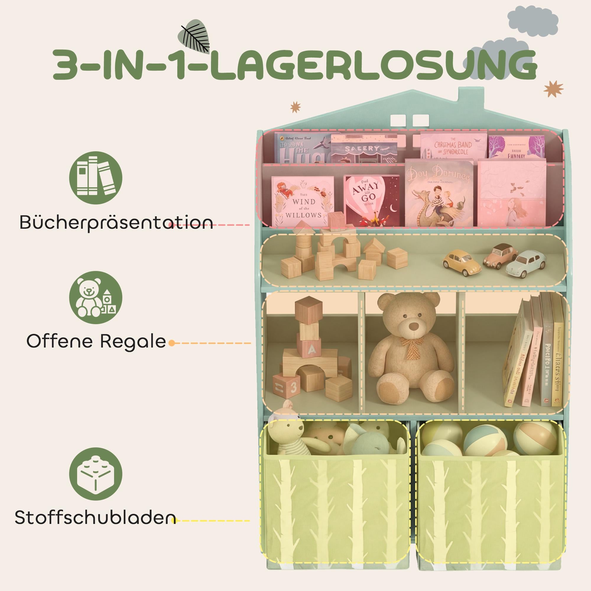 Barnbokhylla med 2 tyglådor, grön, 91,5 cm
