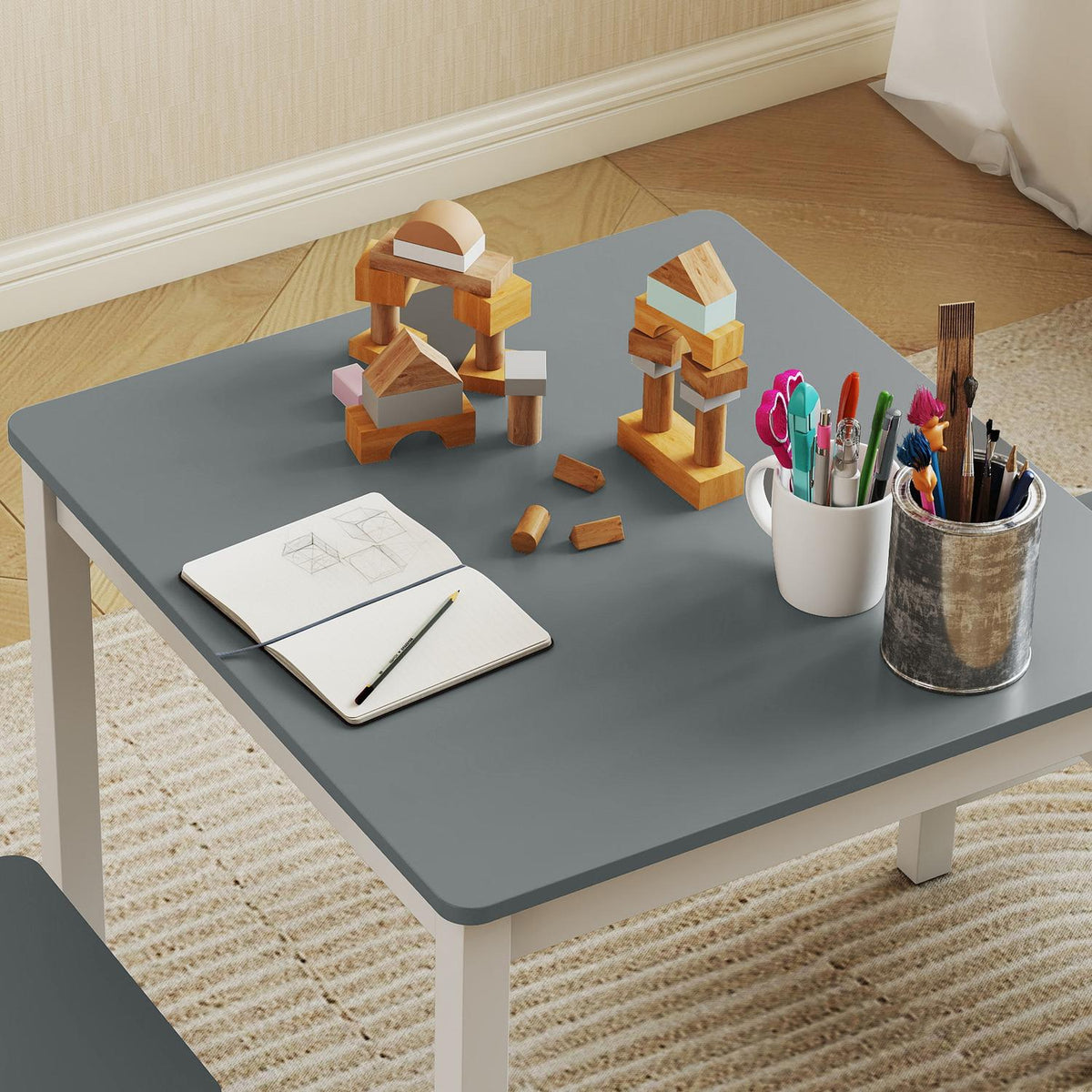 Kindertafel en stoelenset, 3-delig, grijs, hout