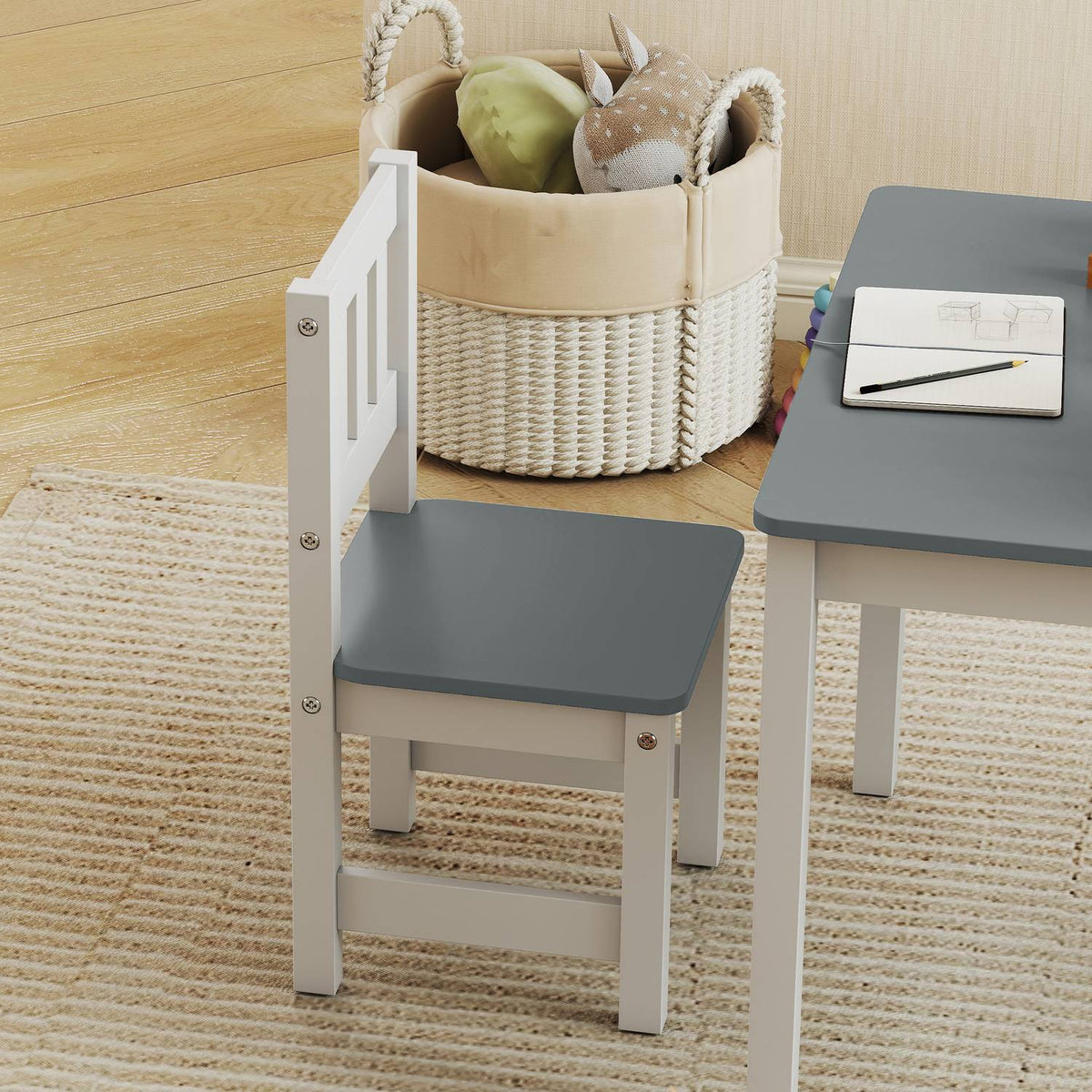 Kindertafel en stoelenset, 3-delig, grijs, hout