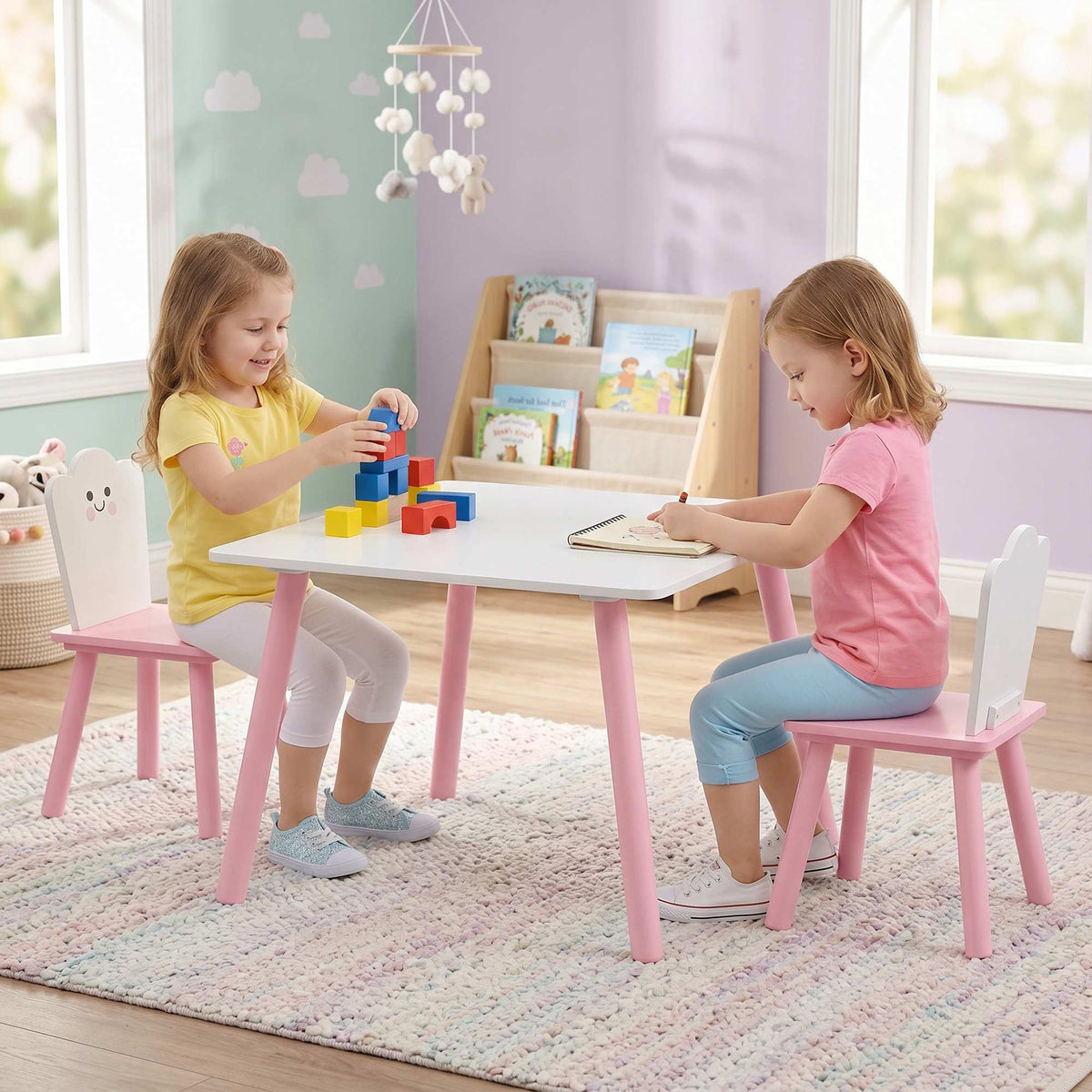 Kindertafel met stoelen, 3-delig, roze en wit