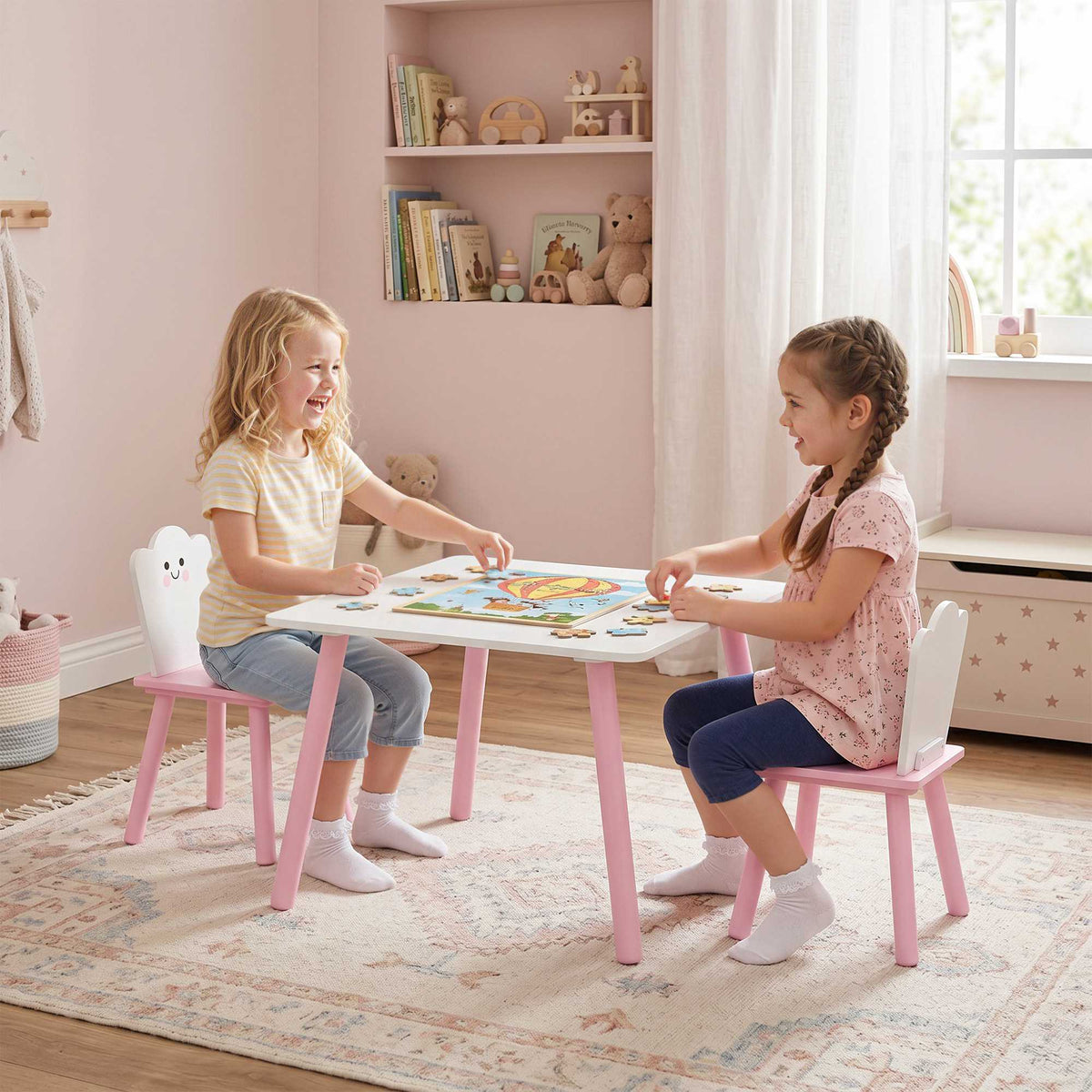 Kindertafel met stoelen, 3-delig, roze en wit